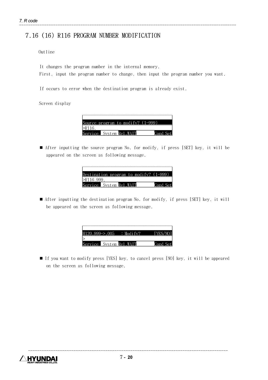 Hyundai HI4 16 16 R116 Program Number Modification, Source program to modify?, Destination program to modify?, R116,999 