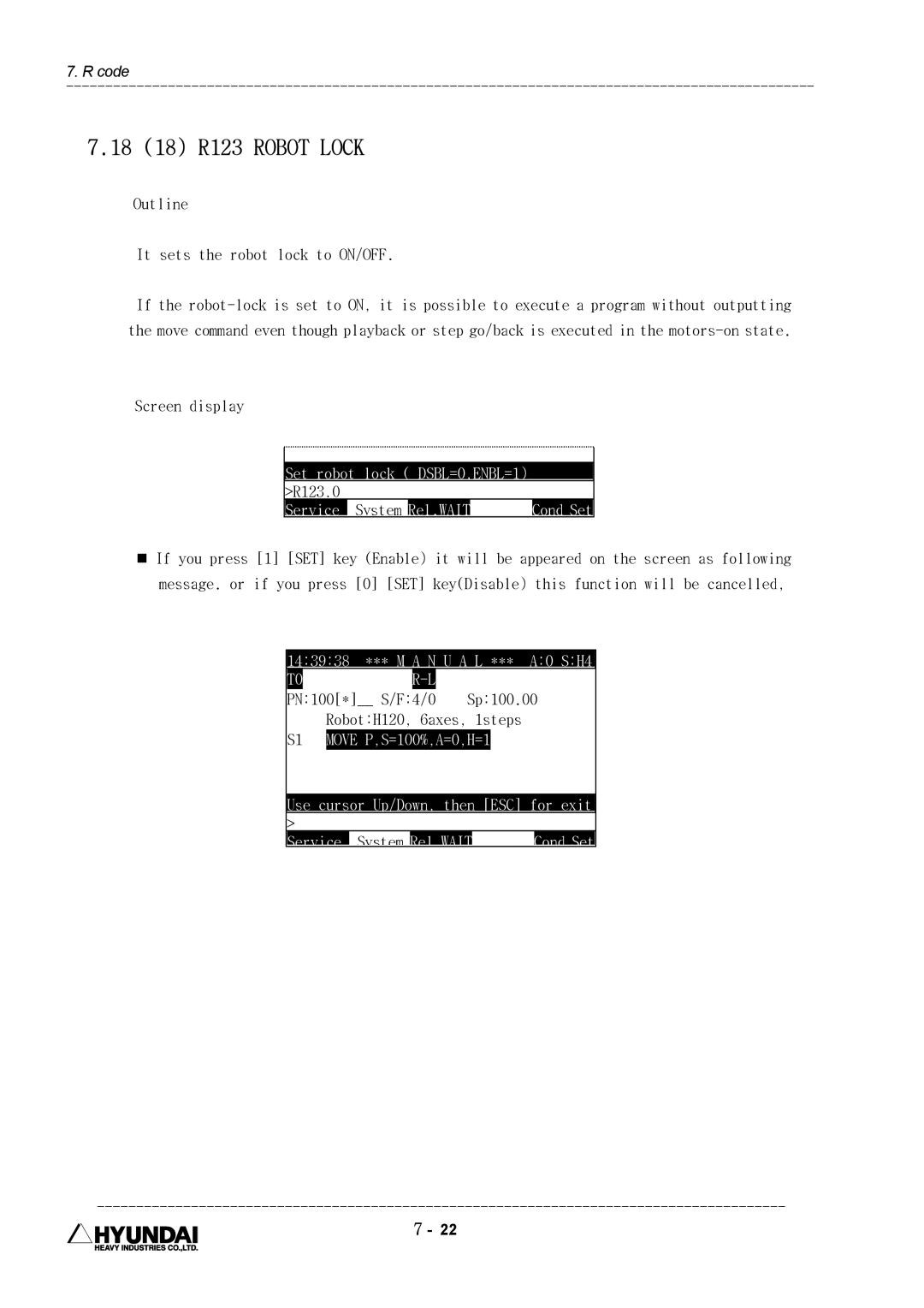Hyundai HI4 18 18 R123 Robot Lock, Outline It sets the robot lock to ON/OFF, Set robot lock DSBL=0,ENBL=1, R123,0 