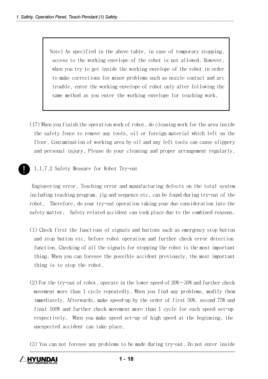 Hyundai HI4 operation manual Safety Measure for Robot Try-out 