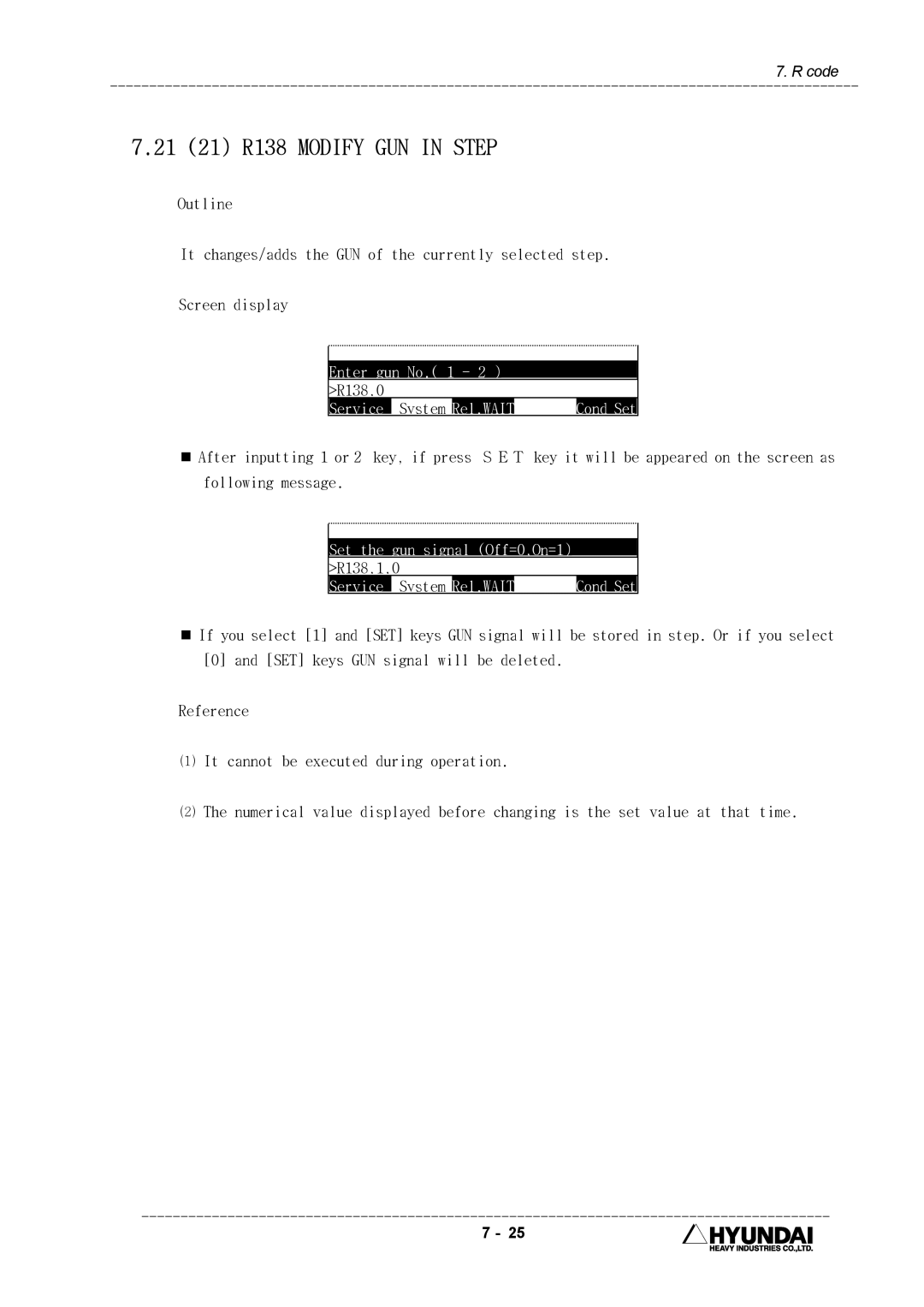 Hyundai HI4 operation manual 21 21 R138 Modify GUN in Step, Enter gun No, R138,0, R138,1,0 