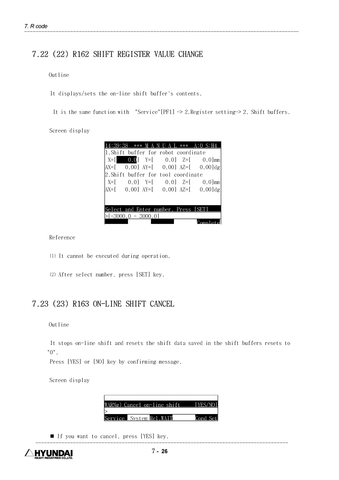 Hyundai HI4 operation manual 22 22 R162 Shift Register Value Change, 23 23 R163 ON-LINE Shift Cancel 