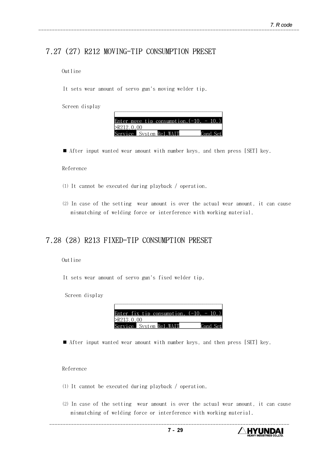 Hyundai HI4 operation manual 27 27 R212 MOVING-TIP Consumption Preset, 28 28 R213 FIXED-TIP Consumption Preset, R213,0.00 