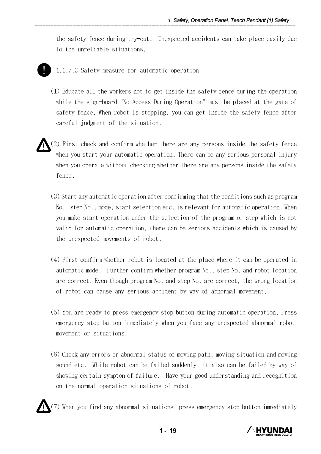 Hyundai HI4 operation manual Safety, Operation Panel, Teach Pendant 1 Safety 