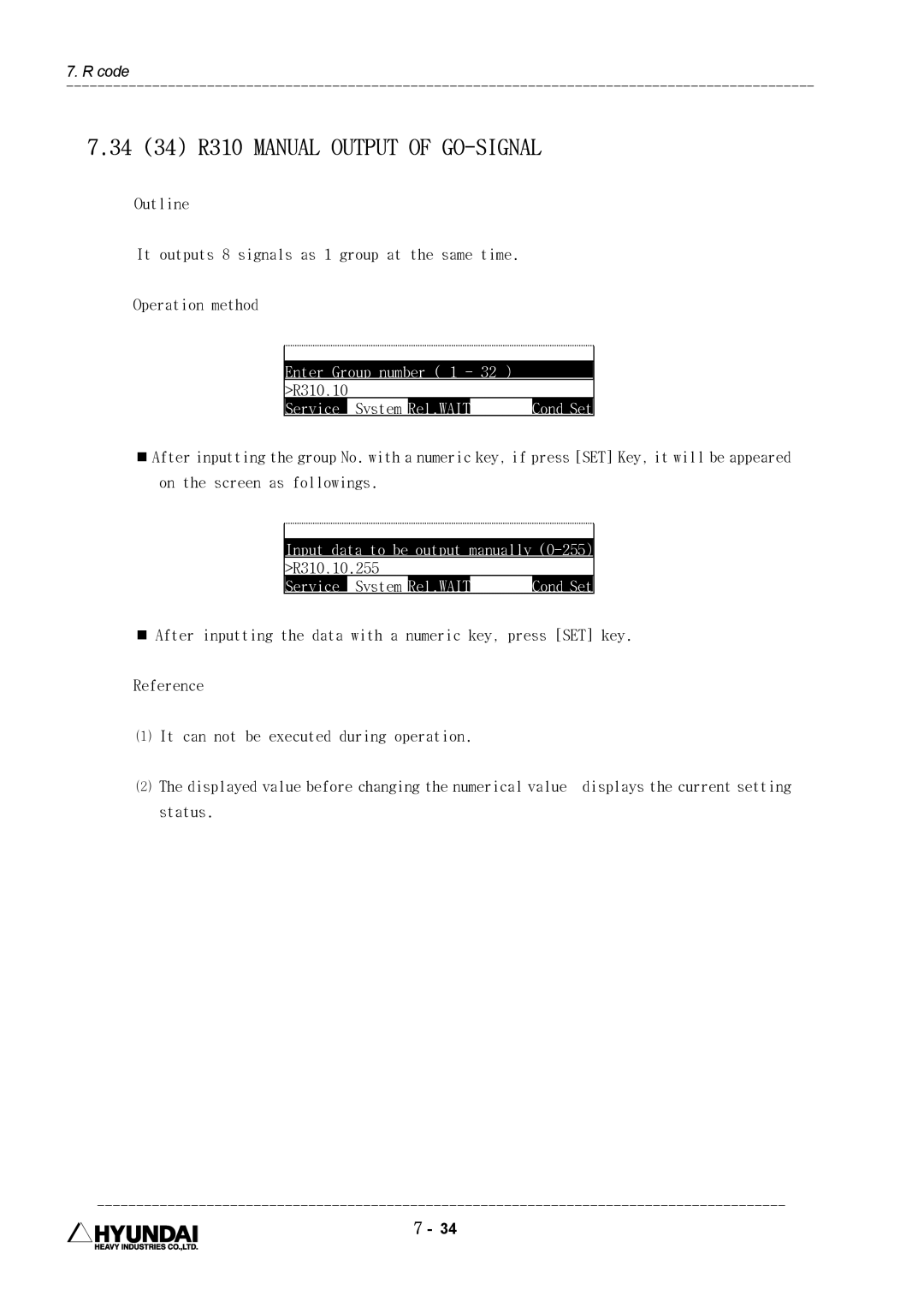 Hyundai HI4 34 34 R310 Manual Output of GO-SIGNAL, Enter Group number 1, R310,10, Input data to be output manually 