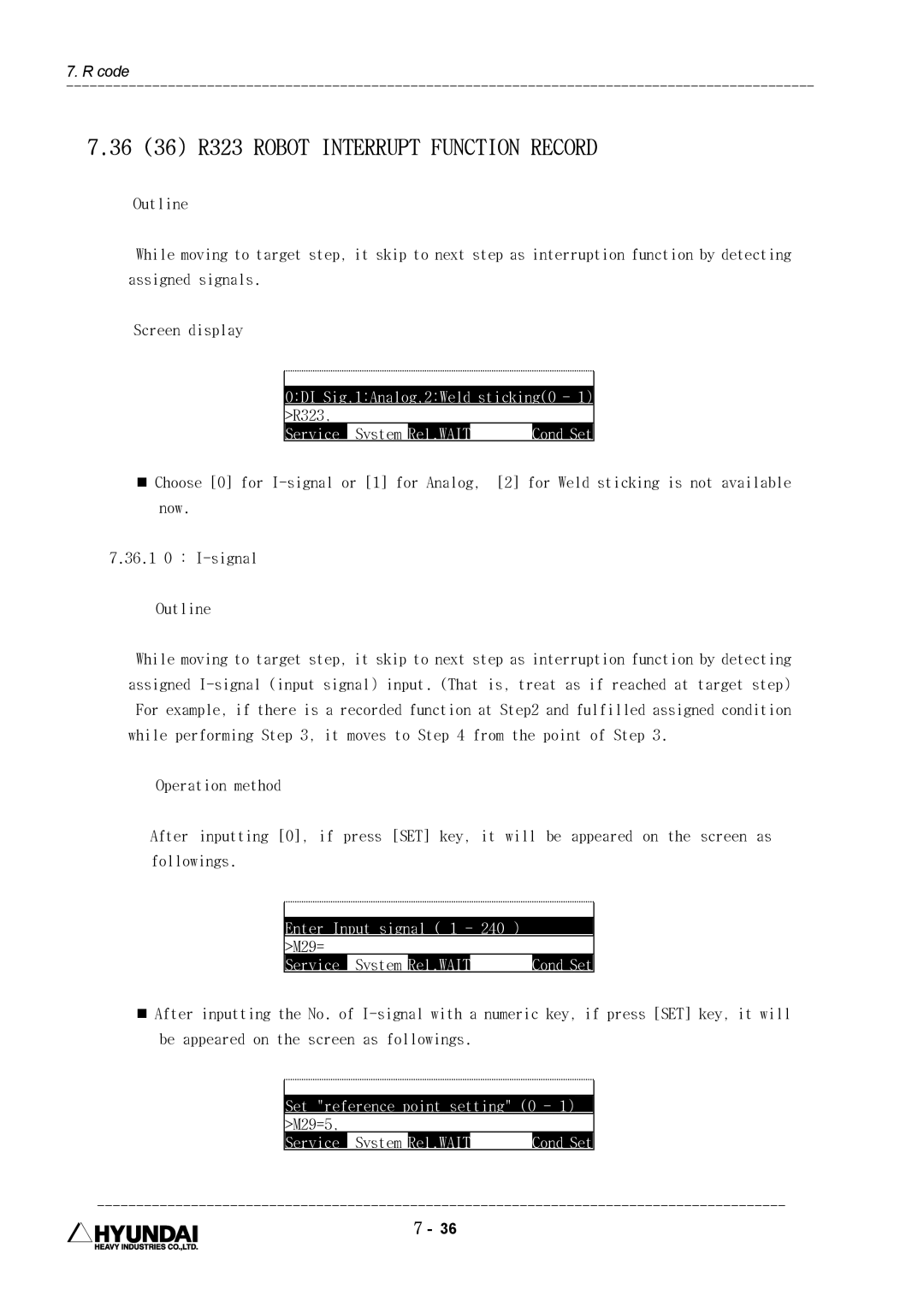 Hyundai HI4 36 36 R323 Robot Interrupt Function Record, 0DI Sig,1Analog,2Weld sticking0, Set reference point setting 0 