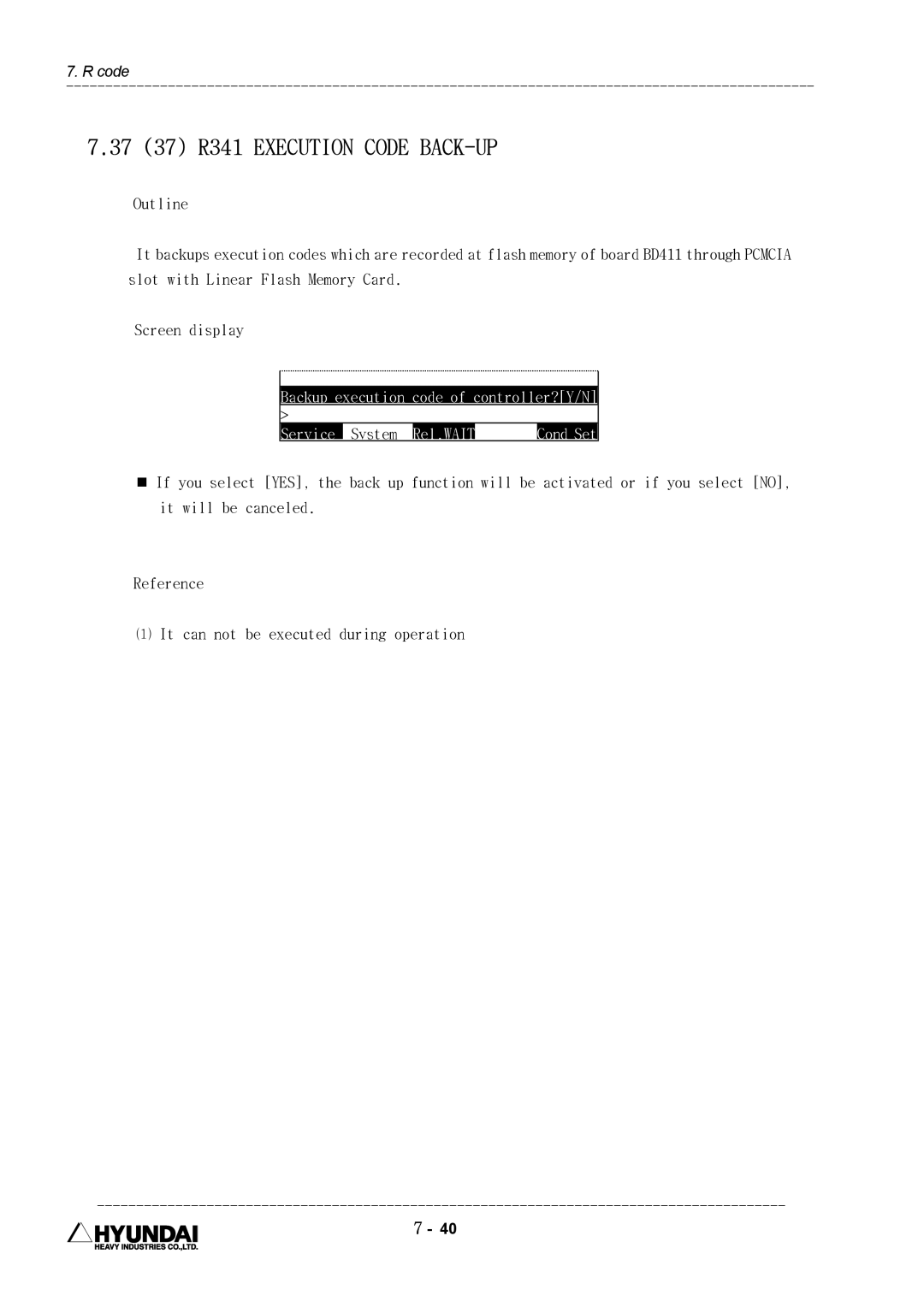 Hyundai HI4 operation manual 37 37 R341 Execution Code BACK-UP, Backup execution code of controller?Y/N 