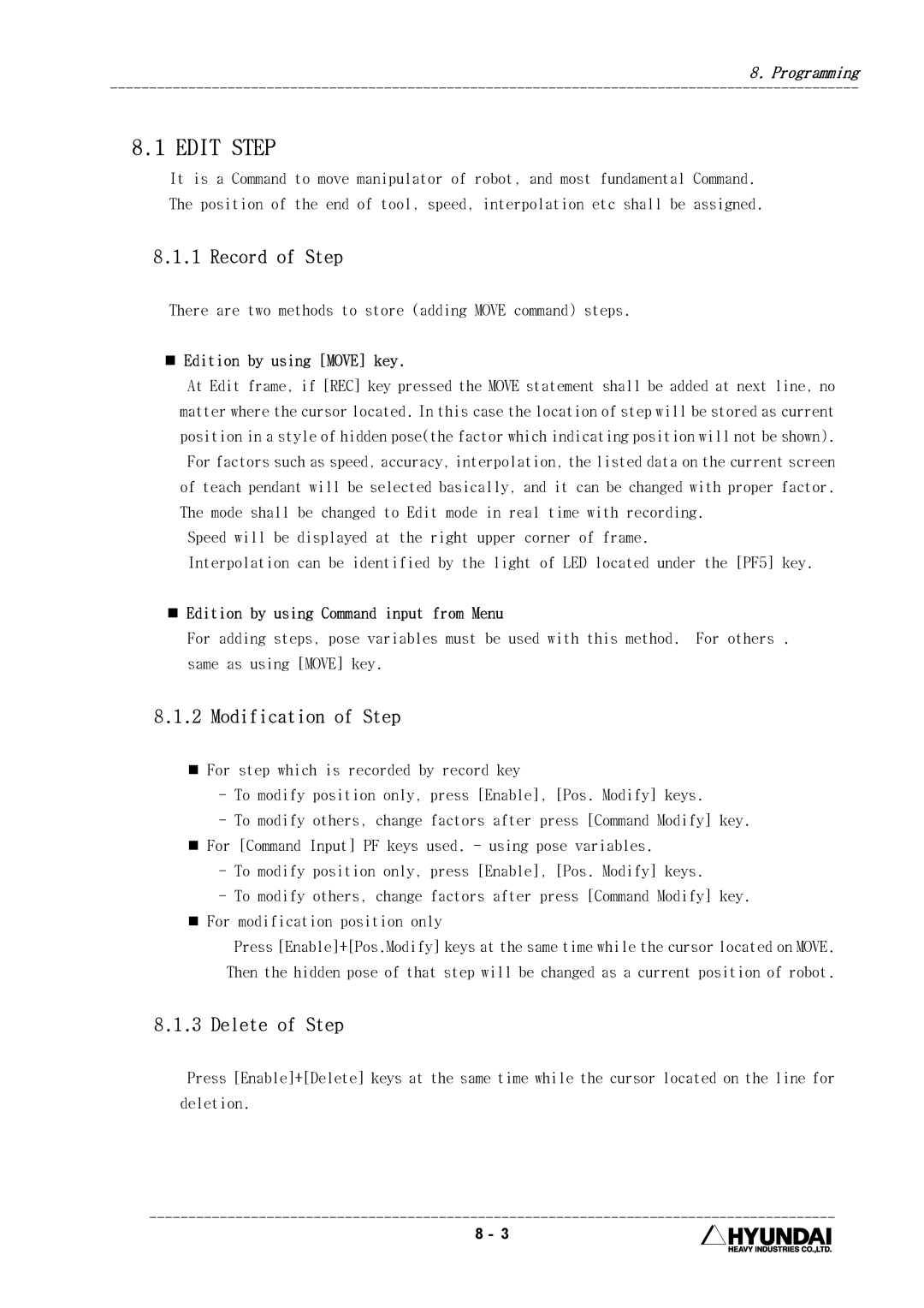 Hyundai HI4 operation manual Edit Step, Record of Step, Modification of Step, Delete of Step 