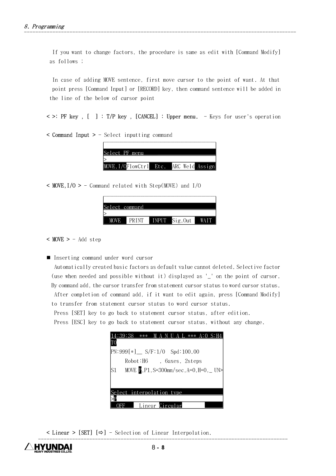 Hyundai HI4 operation manual Command Input Select inputting command, Select command, Spd100.00, RobotH6 6axes, 2steps 