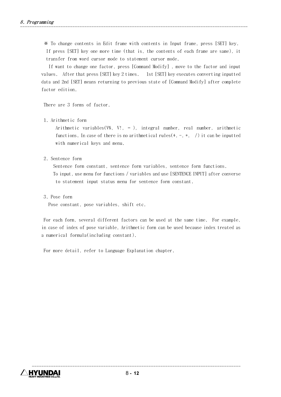 Hyundai HI4 With numerical keys and menu, Sentence form, To statement input status menu for sentence form constant 