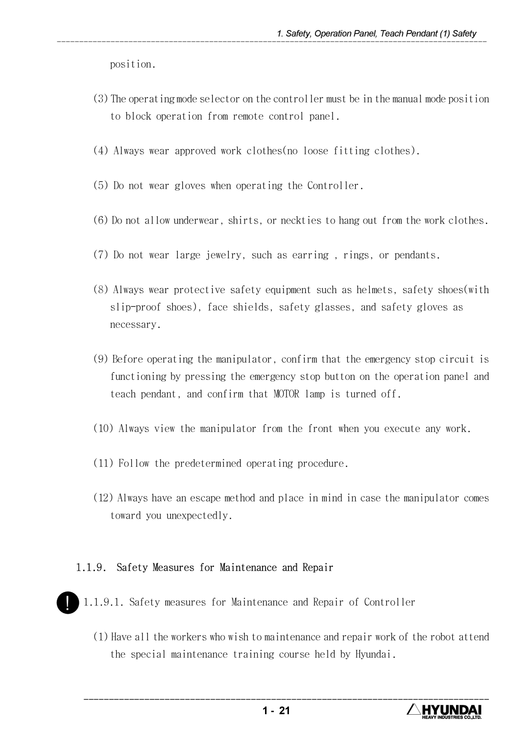 Hyundai HI4 operation manual Position, Safety Measures for Maintenance and Repair 