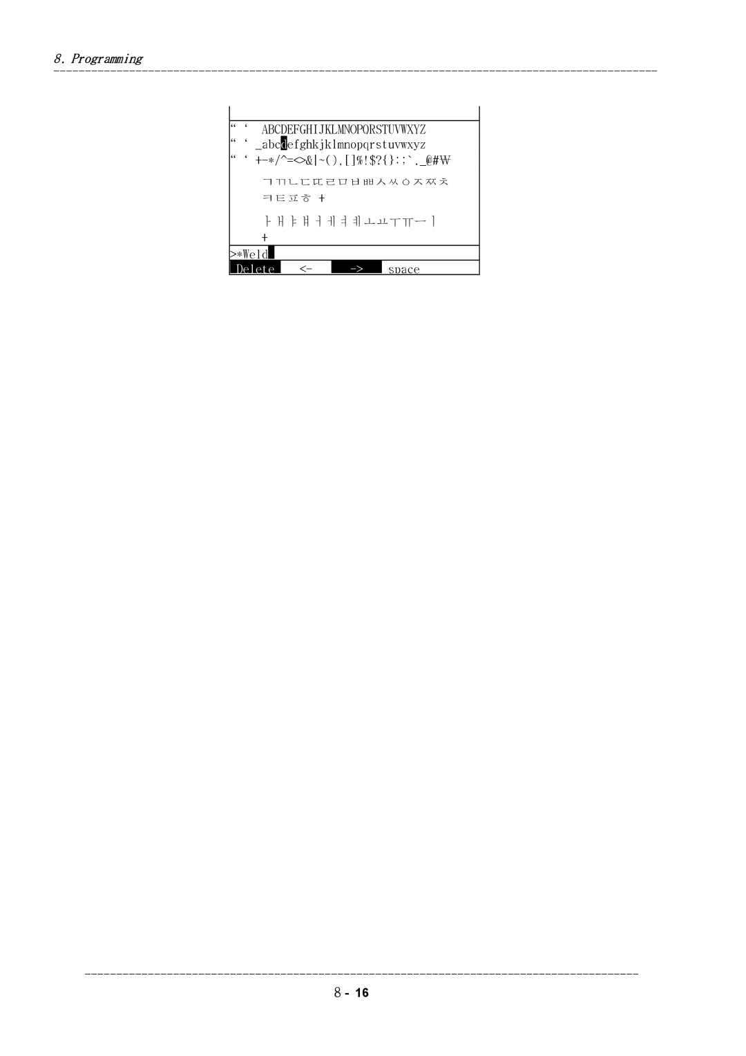 Hyundai HI4 operation manual ‘ Abcdefghijklmnopqrstuvwxyz, ‘ abc efghkjklmnopqrstuvwxyz ‘ +-*/=&~,%!$?`.@#￦, Weld 