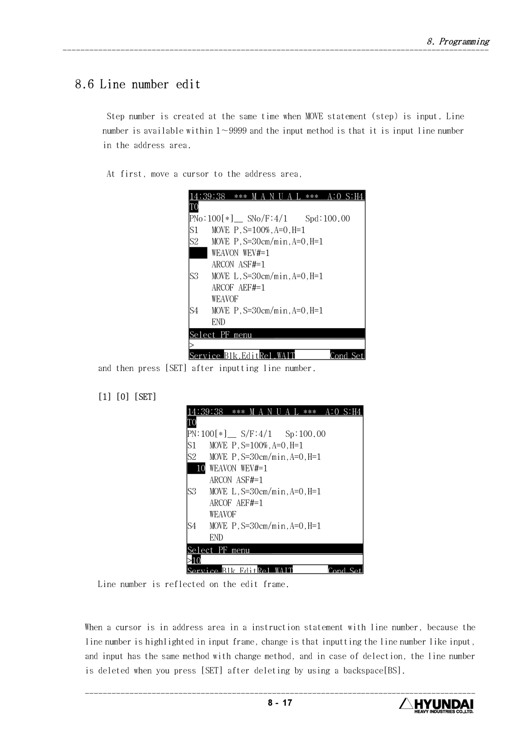 Hyundai HI4 operation manual Line number edit, Set, Line number is reflected on the edit frame 