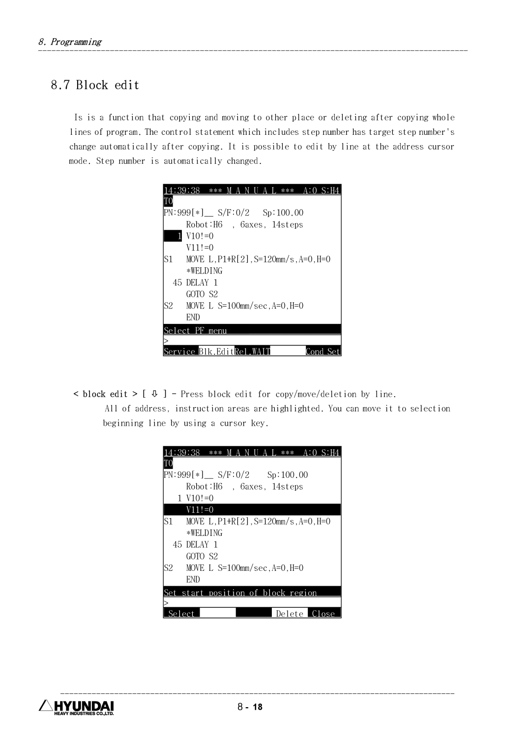 Hyundai HI4 operation manual Block edit, Welding, Goto S2, Set start position of block region, Close 