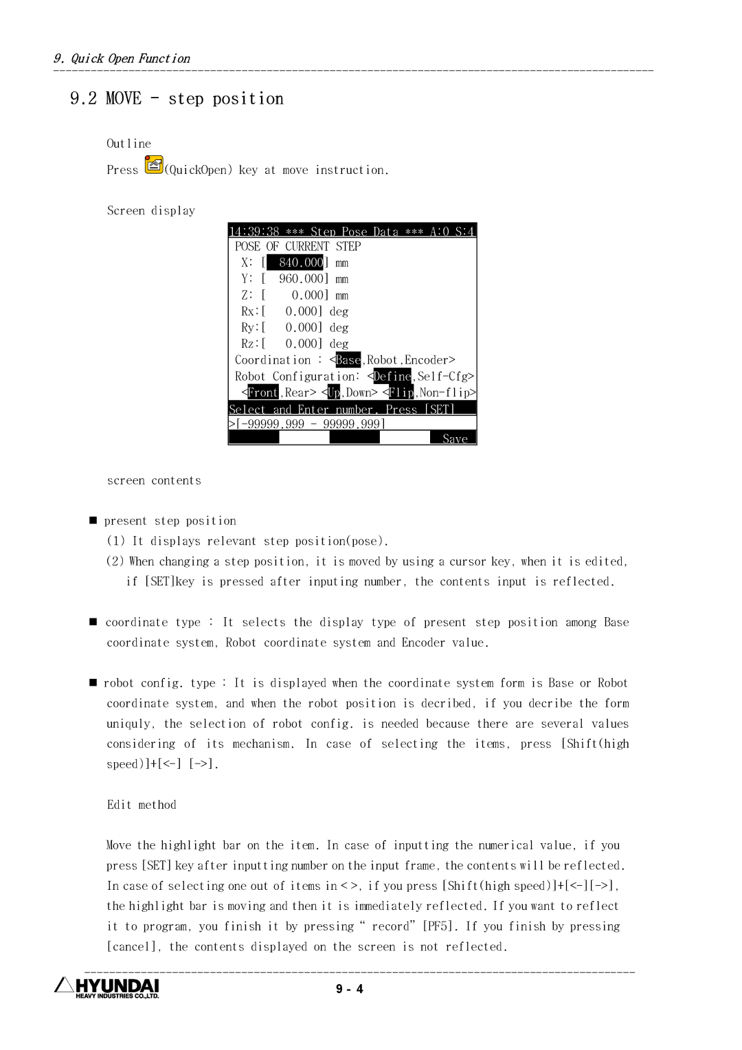 Hyundai HI4 operation manual Move step position, Pose of Current Step, 840.000 mm, 960.000 mm, Edit method 