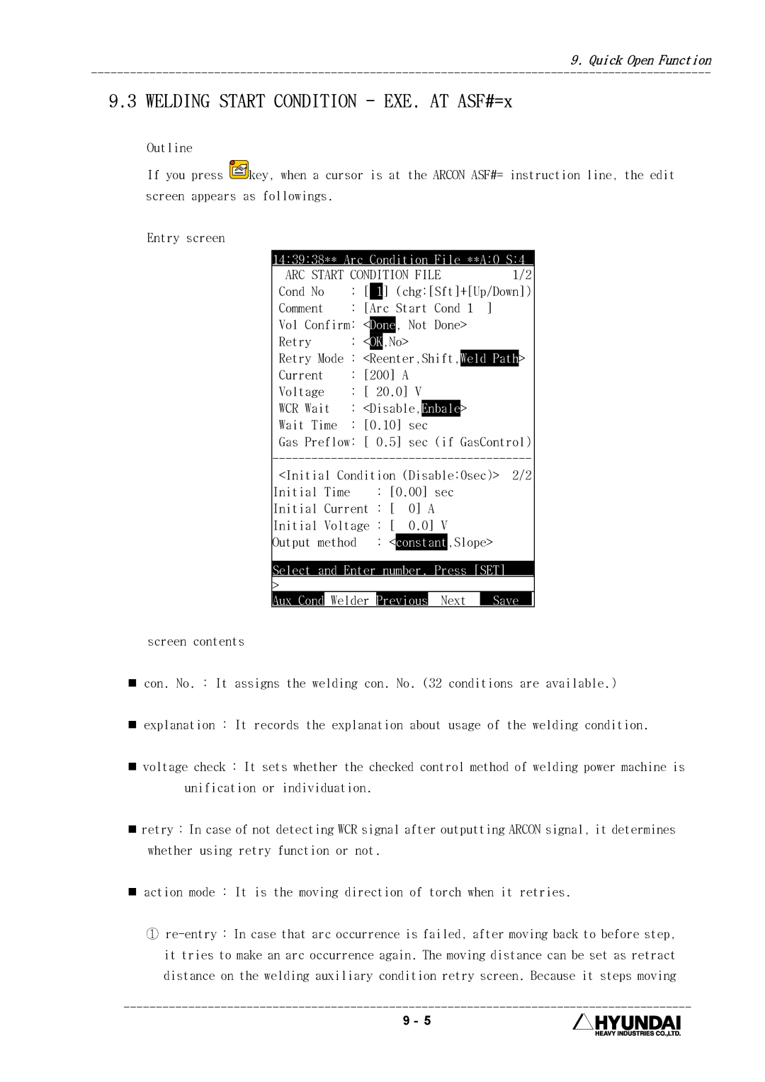 Hyundai HI4 operation manual Welding Start Condition EXE. AT ASF#=x, 143938** Arc Condition File **A0 S4, Save 