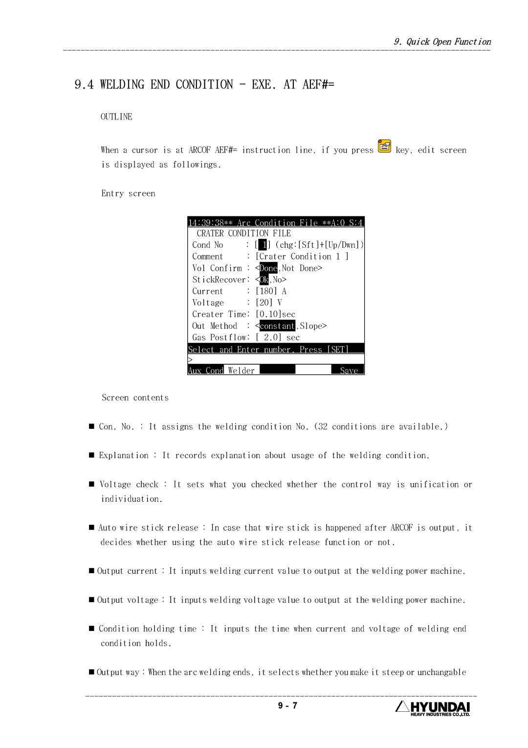 Hyundai HI4 operation manual Welding END Condition EXE. AT AEF#=, Condition File 