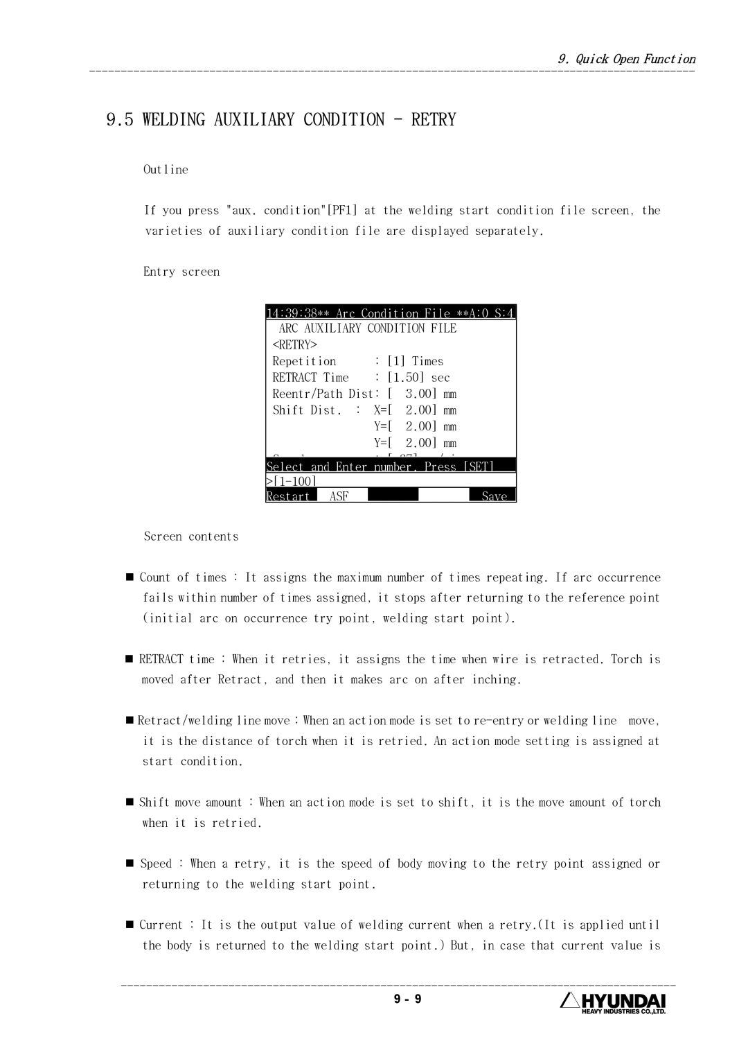 Hyundai HI4 Welding Auxiliary Condition Retry, 143938** Arc Condition File **A0 S4, ARC Auxiliary Condition File, Asf 