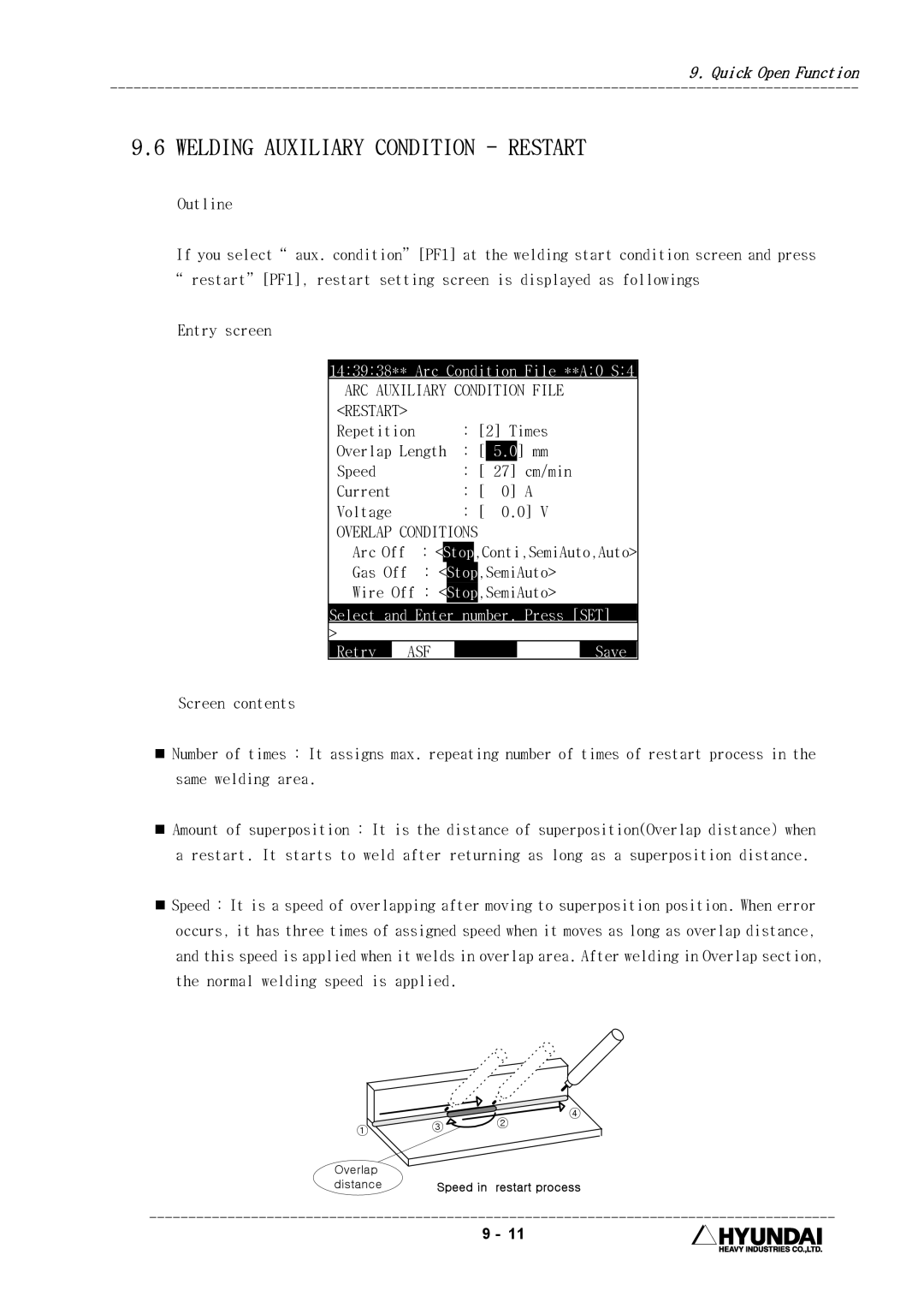 Hyundai HI4 operation manual Welding Auxiliary Condition Restart, ARC Auxiliary Condition File Restart, Retry 