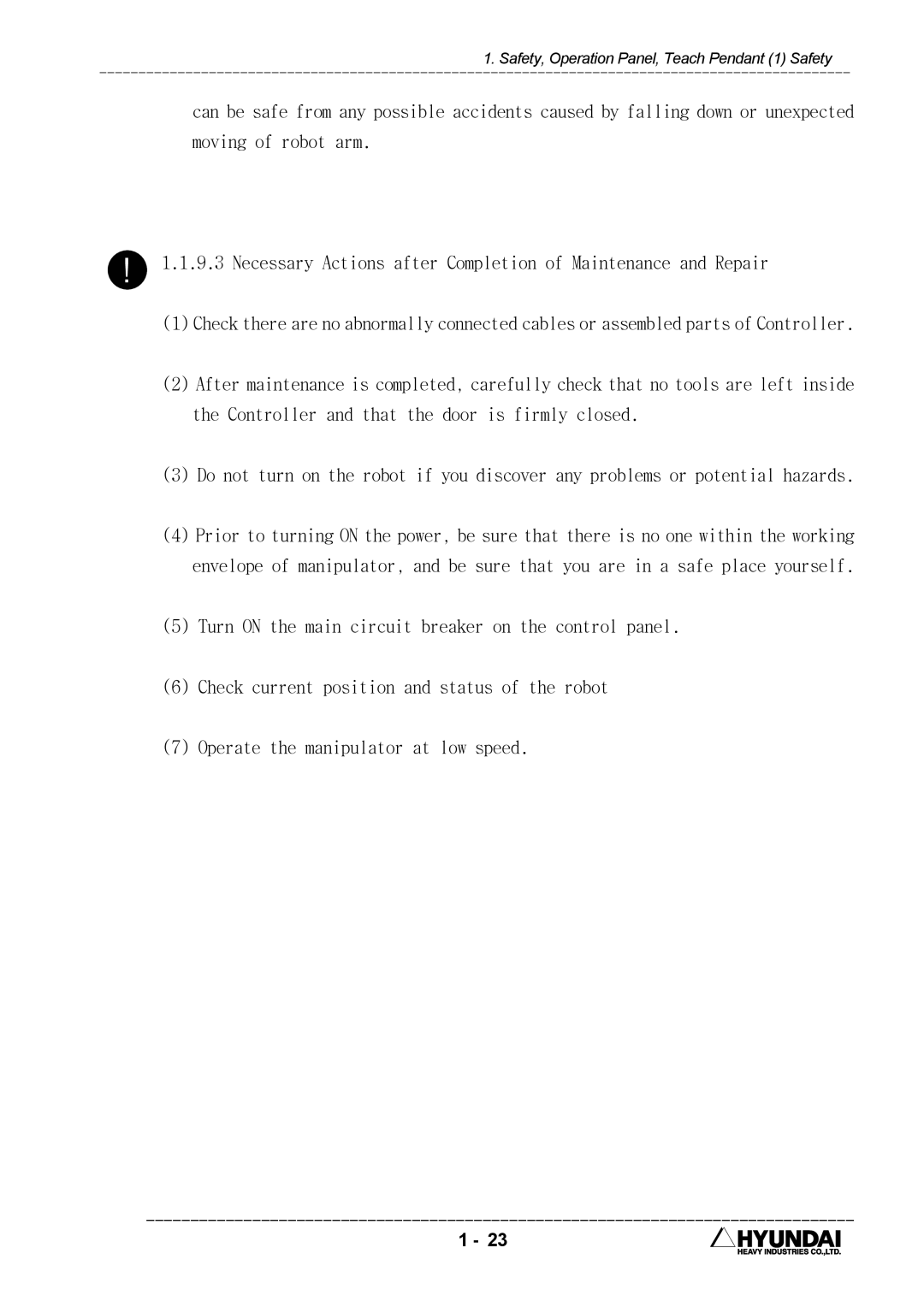 Hyundai HI4 operation manual Necessary Actions after Completion of Maintenance and Repair 