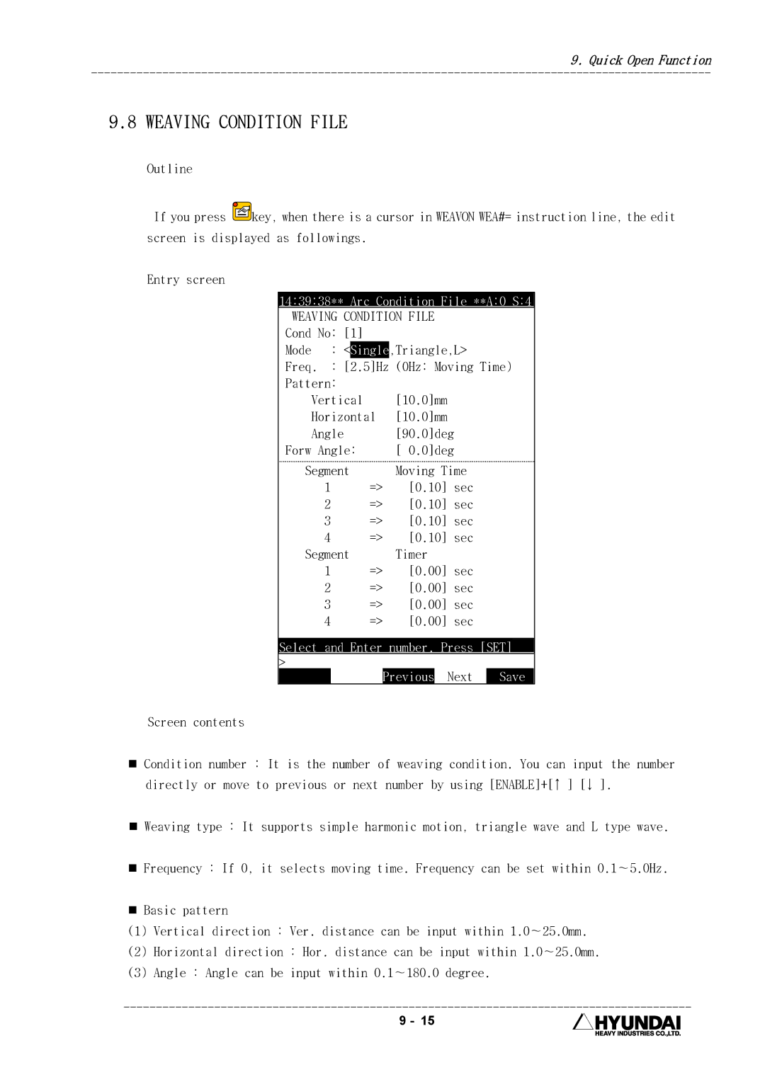 Hyundai HI4 operation manual Weaving Condition File, Select and Enter number. Press SET Previous Next Save 