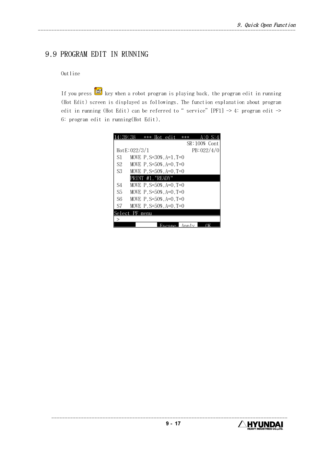 Hyundai HI4 operation manual Program Edit in Running, HotE022/3/1, =30%,A=1,T=0, Select PF menu Escape Apply OK 