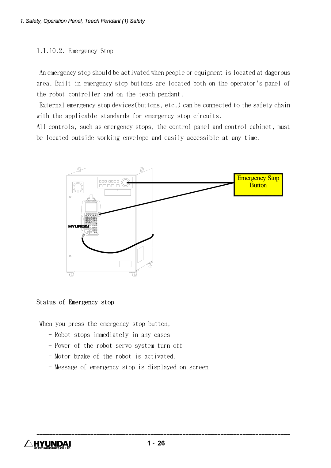 Hyundai HI4 operation manual Emergency Stop, Status of Emergency stop 