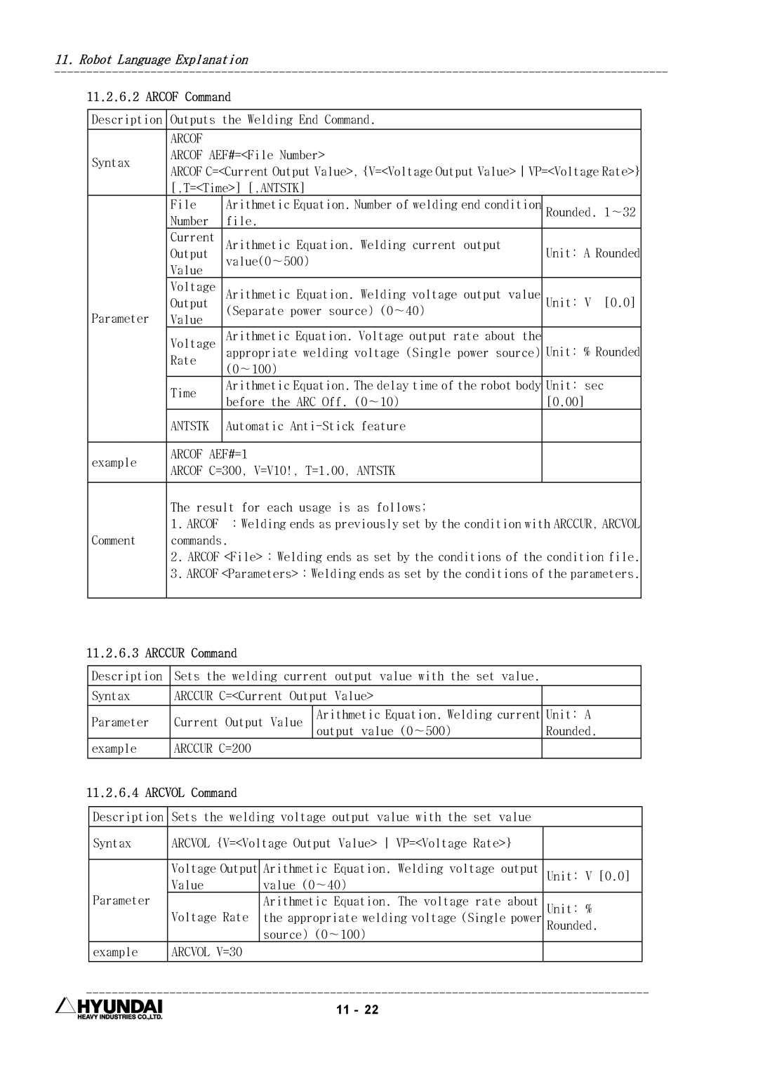 Hyundai HI4 operation manual Arcof Command, Arccur Command, Arcvol Command 