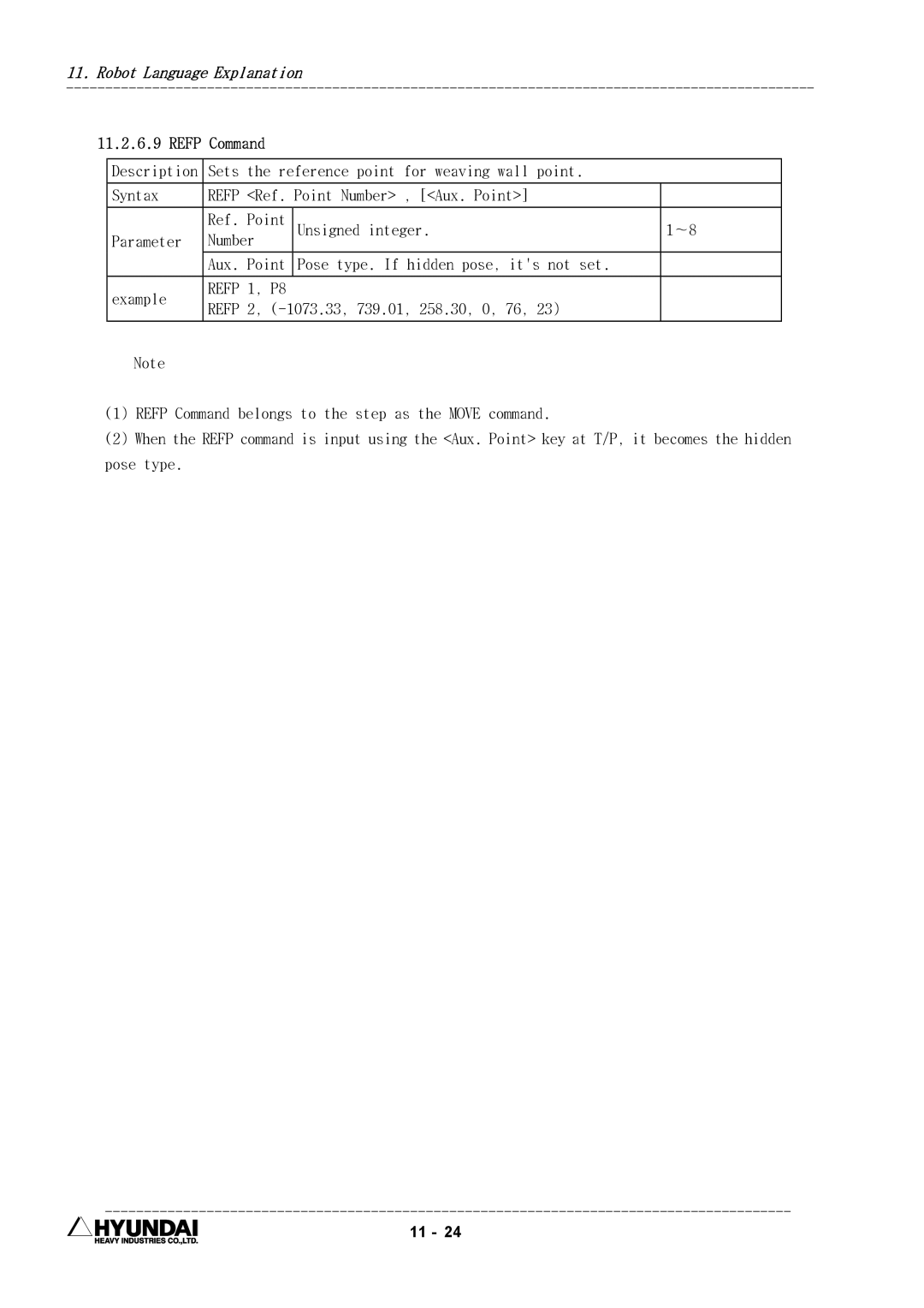 Hyundai HI4 operation manual Refp Command, Unsigned integer Number 