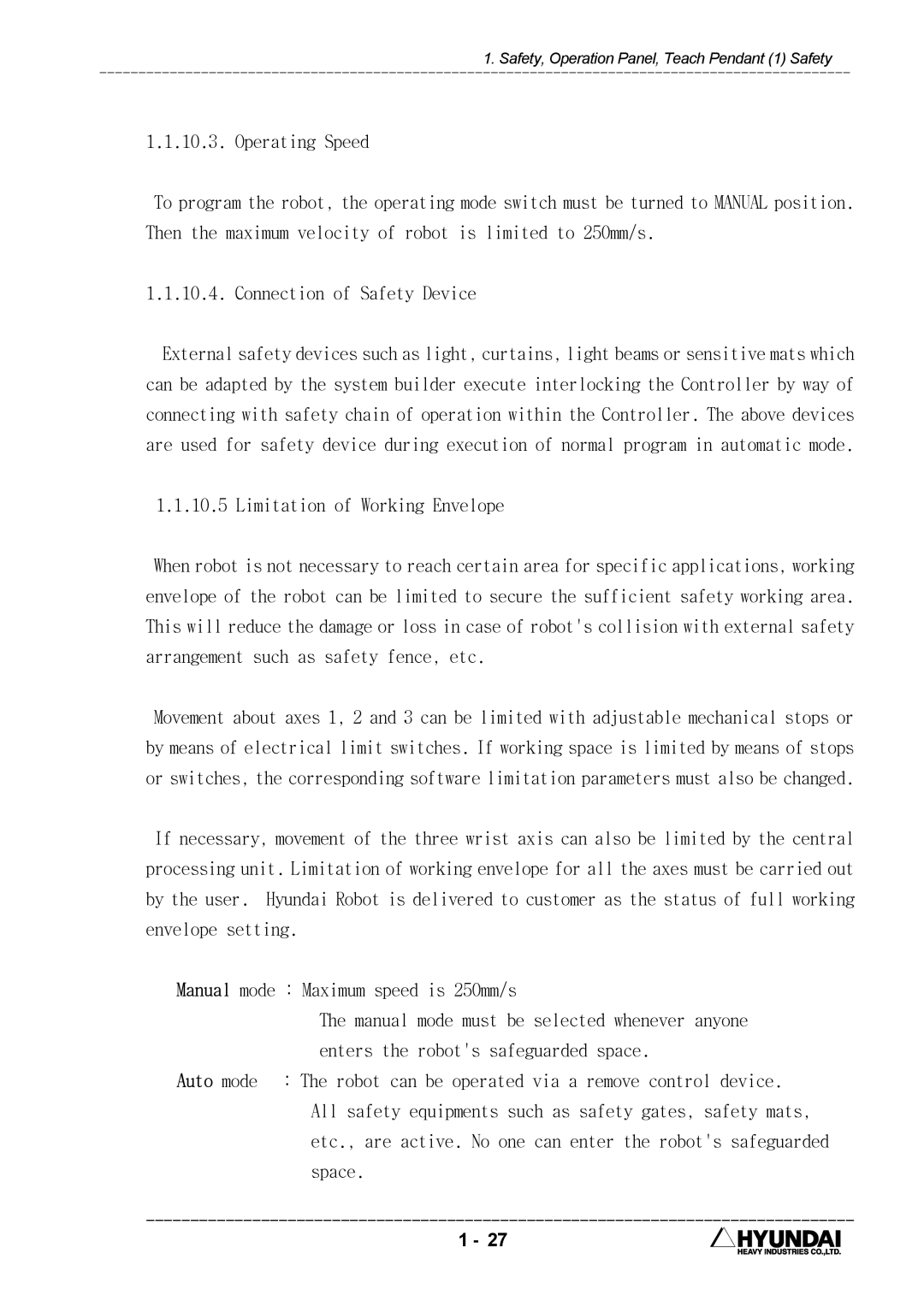 Hyundai HI4 operation manual Operating Speed 