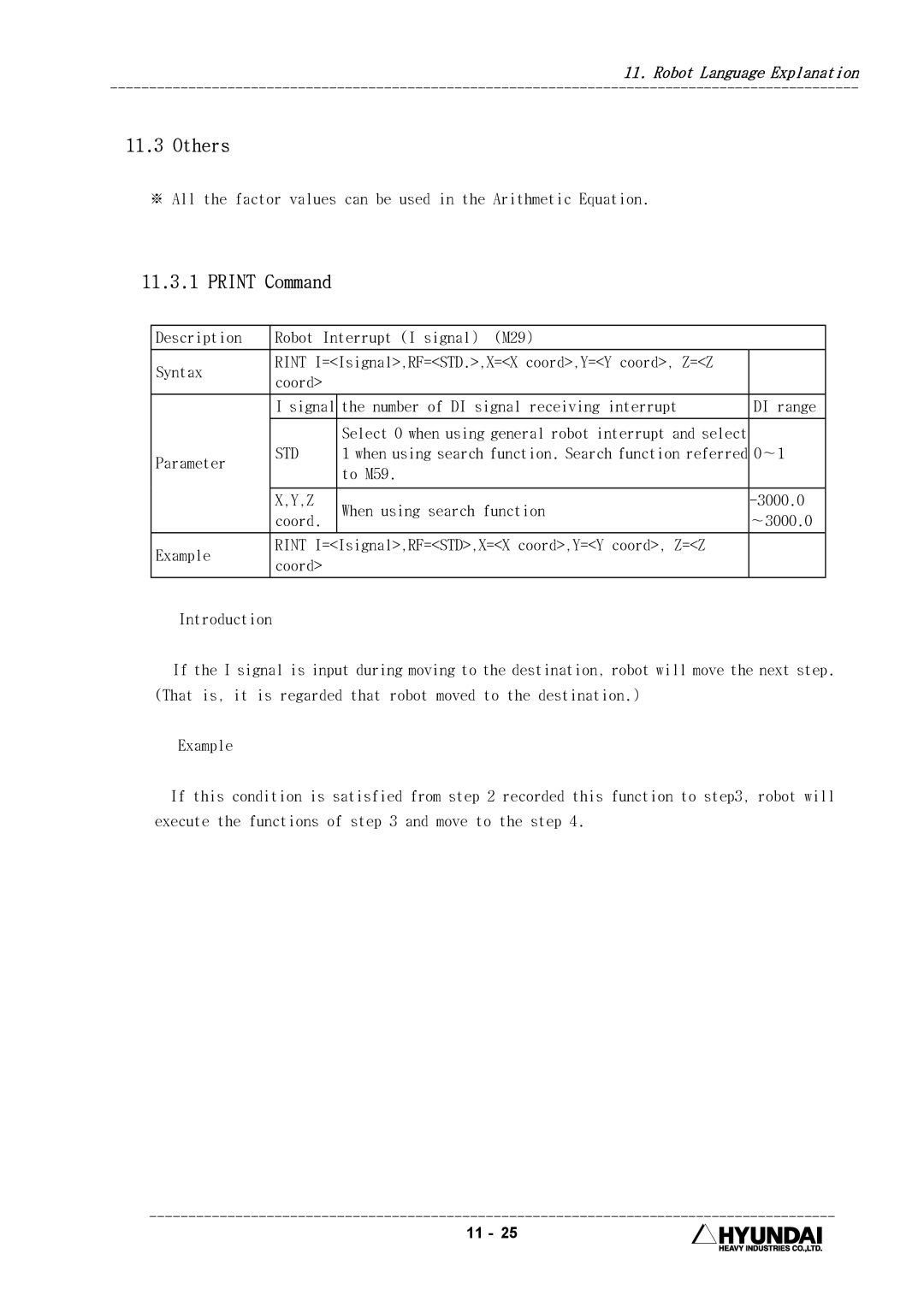 Hyundai HI4 operation manual Others, Print Command, Description Robot Interrupt I signal M29 Syntax, Std 