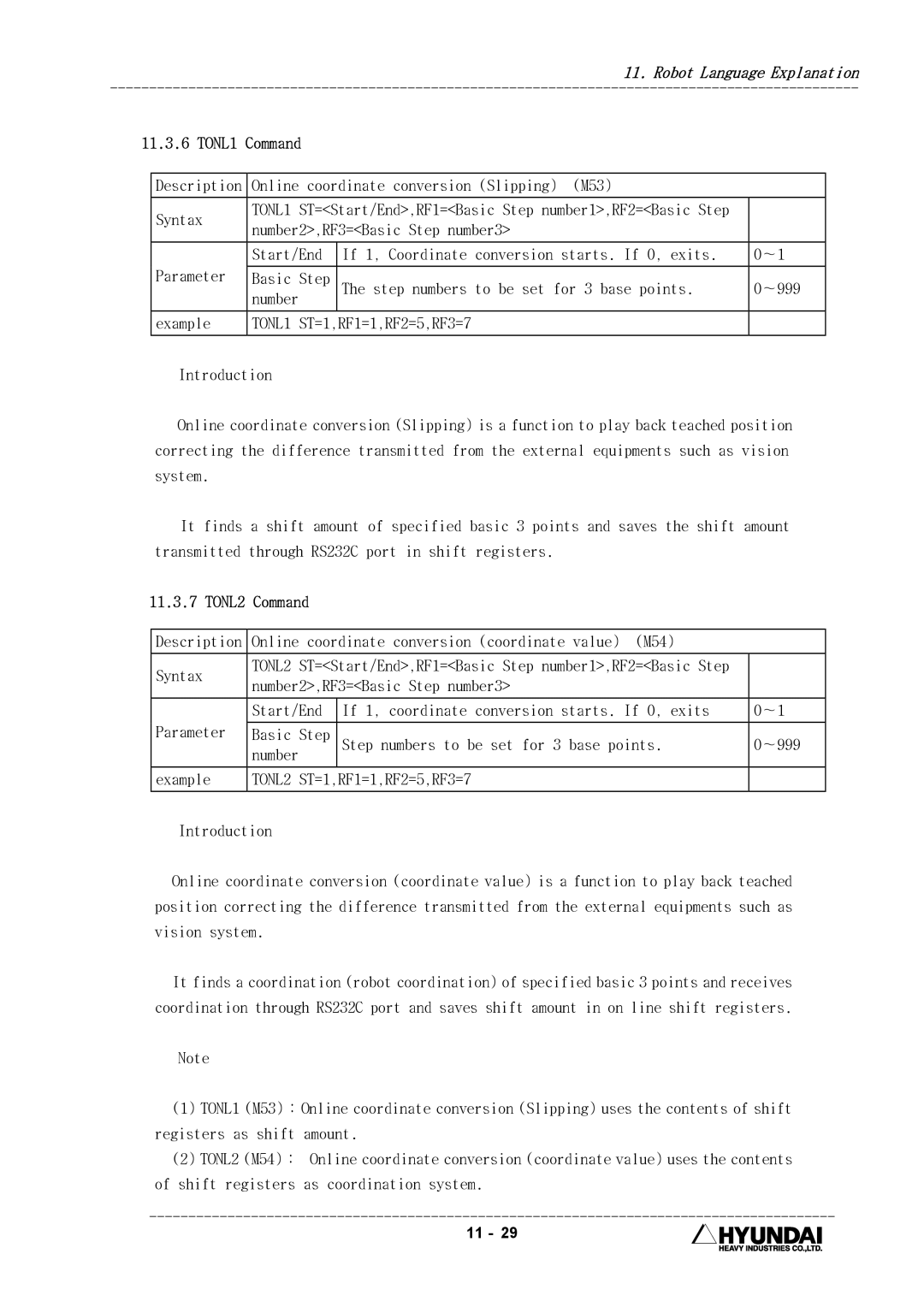 Hyundai HI4 TONL1 Command, Online coordinate conversion Slipping M53 Syntax, Number2,RF3=Basic Step number3 Start/End 