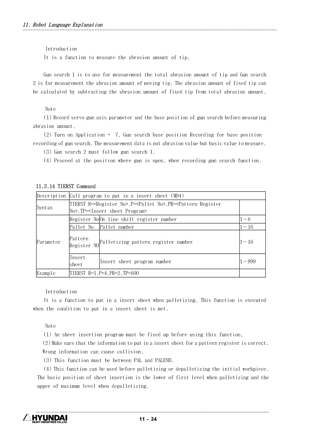 Hyundai HI4 operation manual Tierst Command, Call program to put in a insert sheet M94 Syntax, No,TP=Insert sheet Program 