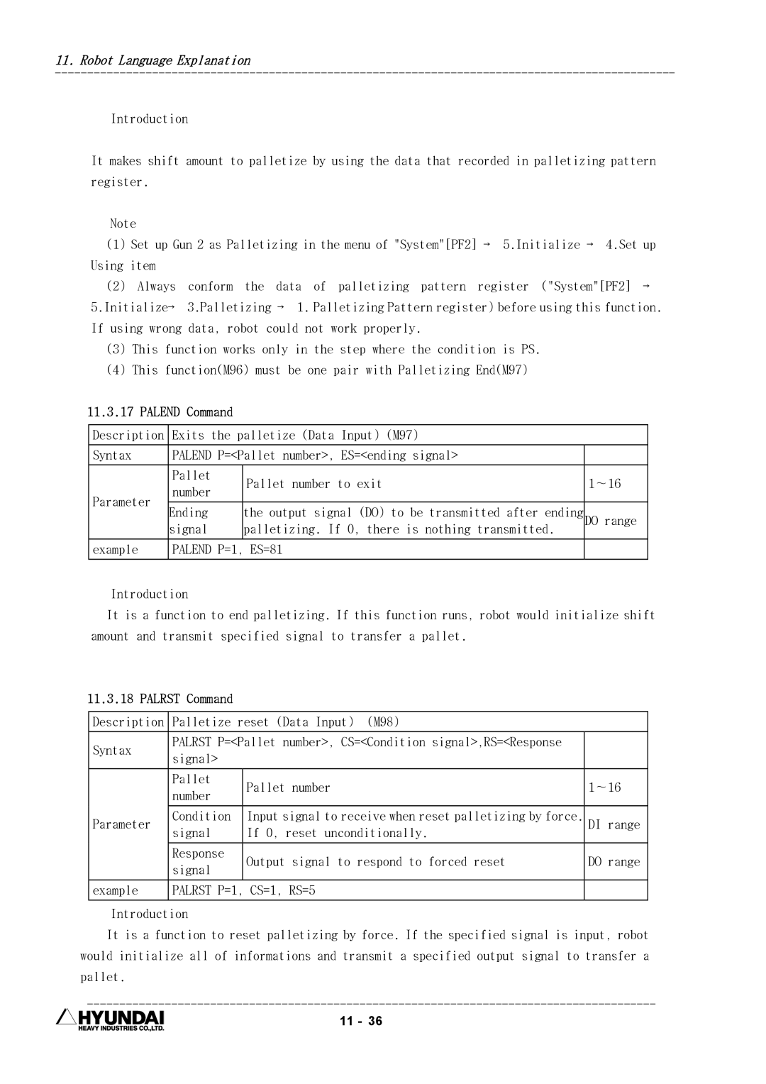 Hyundai HI4 operation manual Palend Command, Palend P=1, ES=81, Palrst Command 