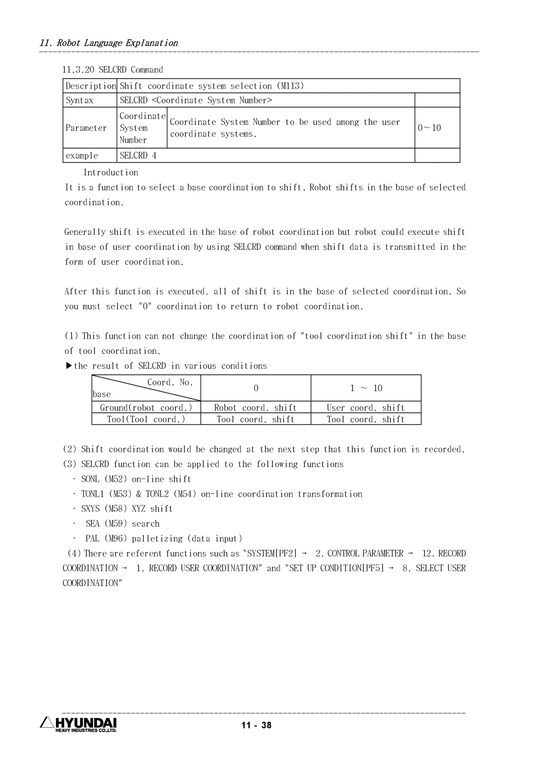 Hyundai HI4 operation manual Selcrd Command, ∼10, System Coordinate systems Number Example, User Coord. shift 