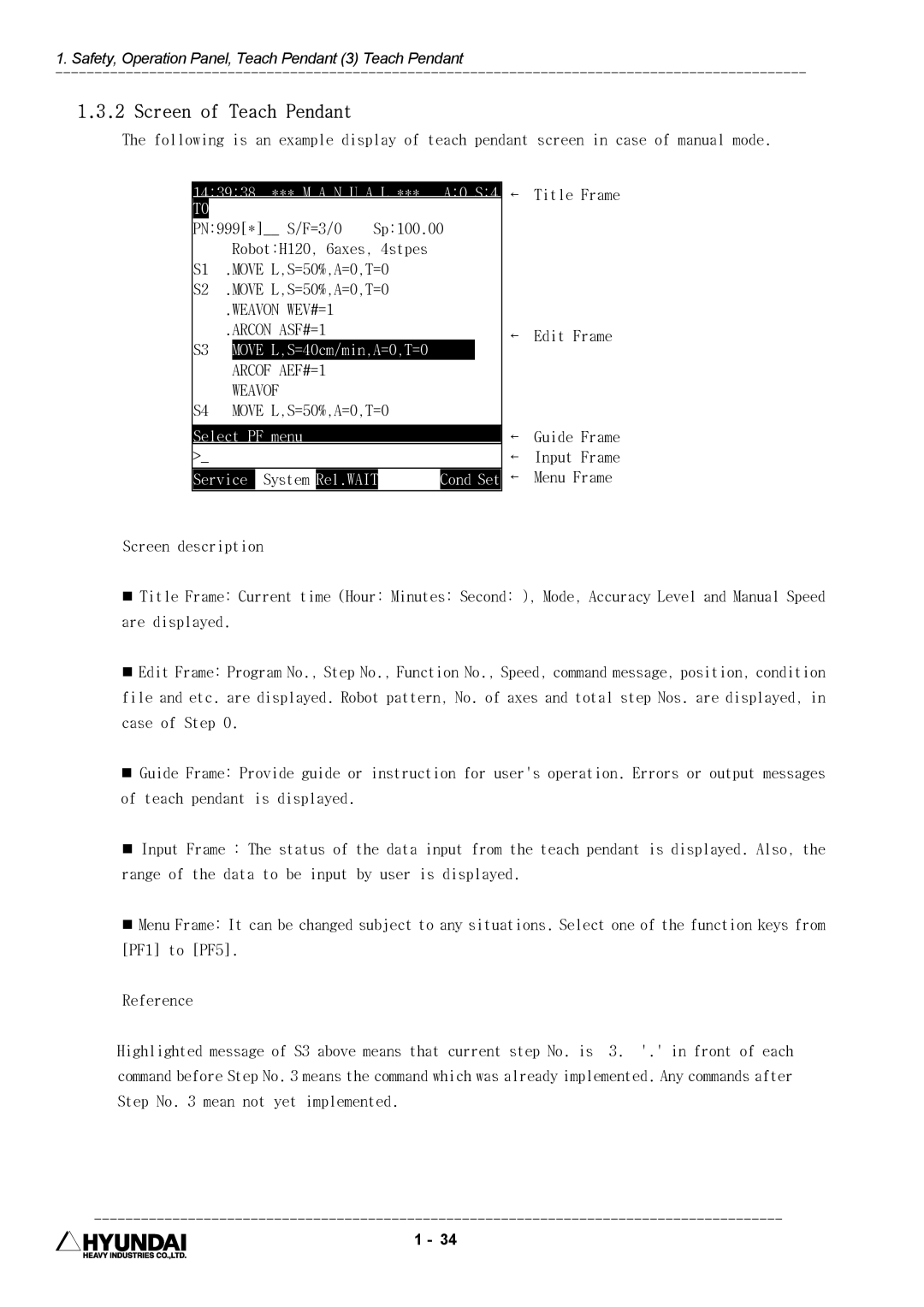 Hyundai HI4 operation manual Screen of Teach Pendant, Move, Weavon WEV#=1 Arcon ASF#=1, Arcof AEF#=1 Weavof, Menu 