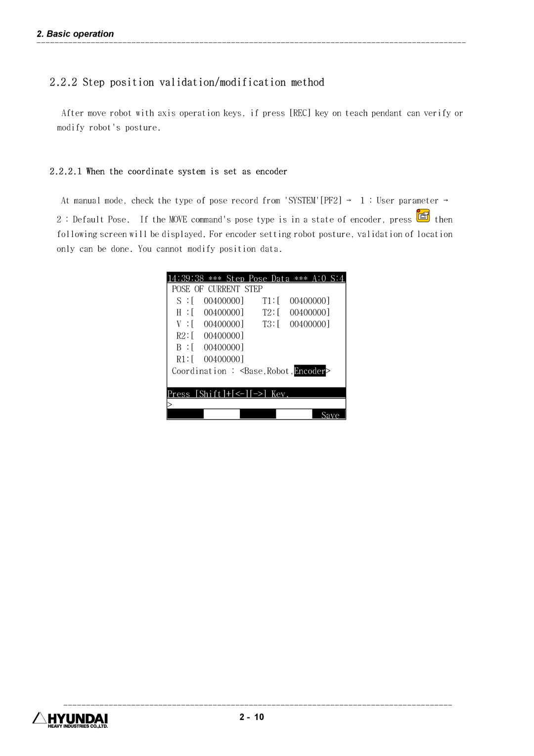 Hyundai HI4 operation manual Step position validation/modification method, When the coordinate system is set as encoder 