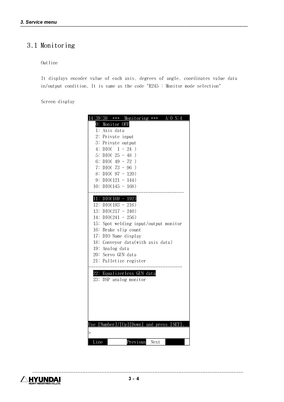 Hyundai HI4 operation manual 143938 *** Monitoring *** A0 S4 Monitor OFF, 11 DIO169, Equalizerless GUN data 