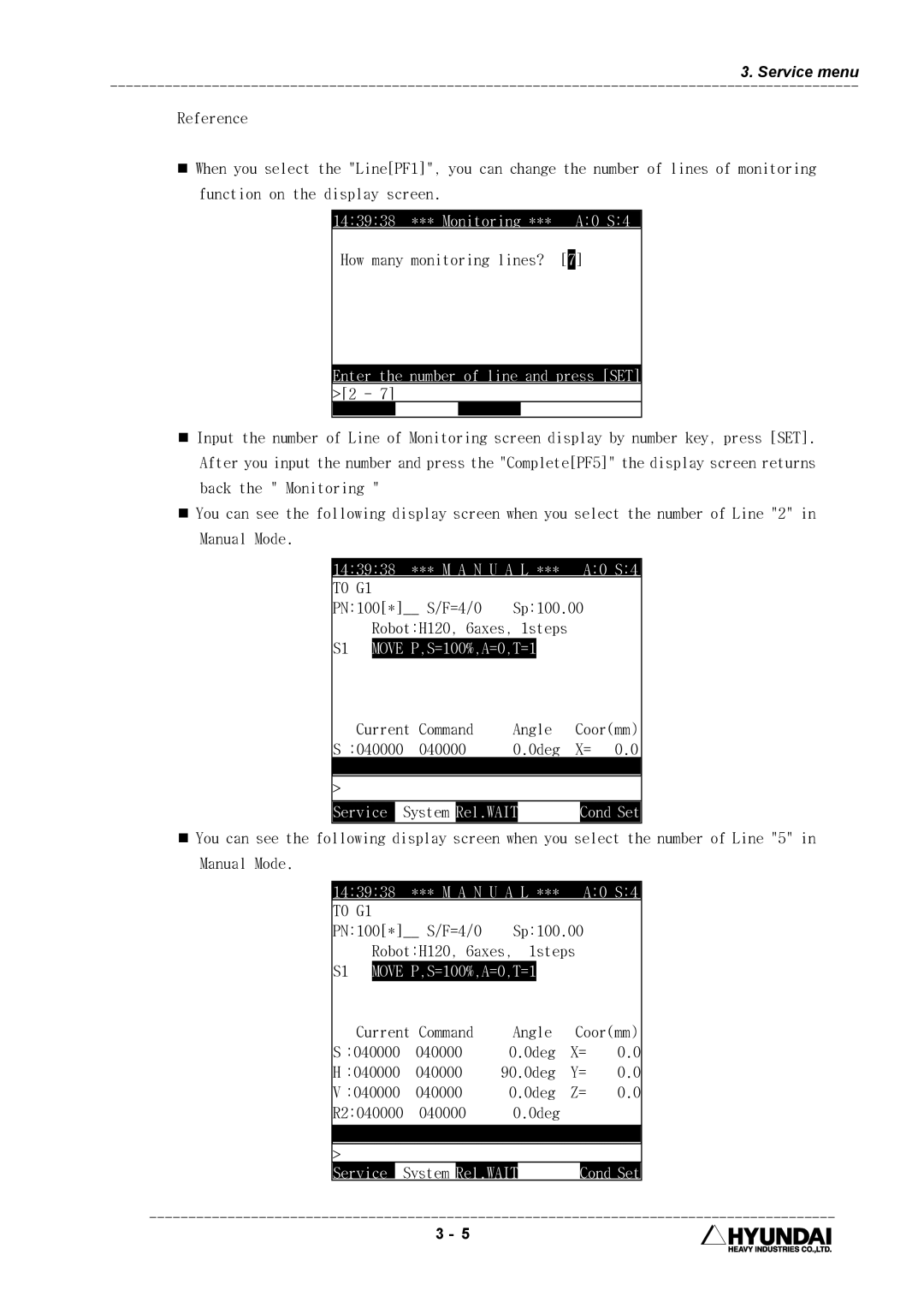 Hyundai HI4 operation manual Enter the number of line and press SET, PN100* S/F=4/0 Sp100.00, Command Angle, 040000 0deg 