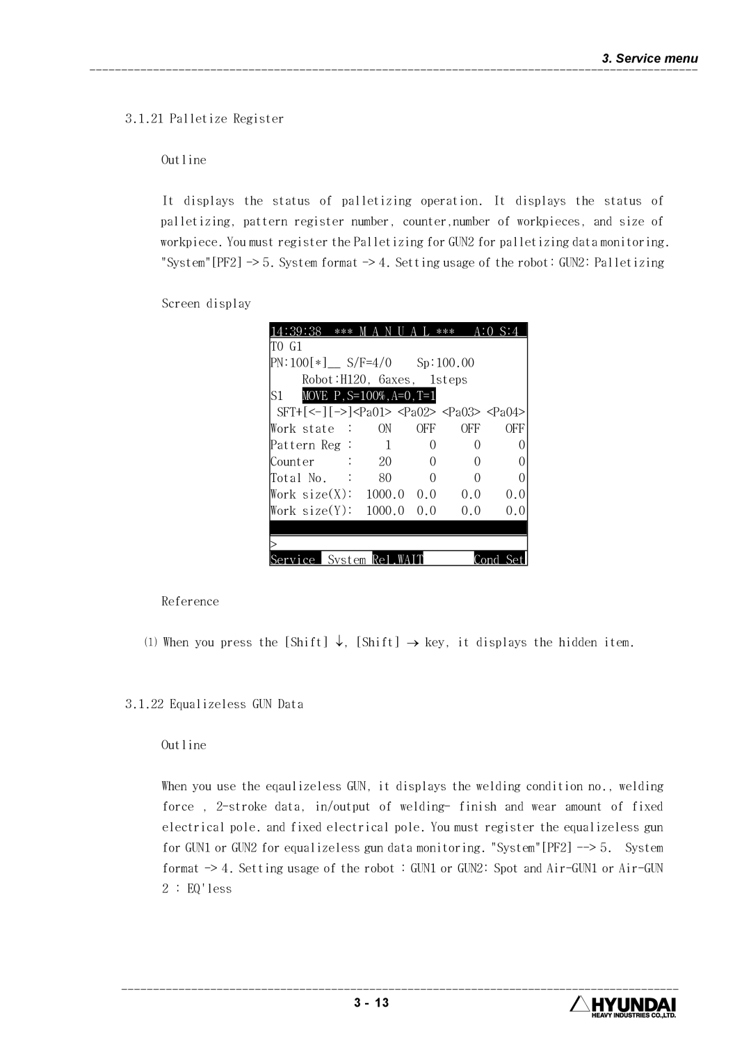 Hyundai HI4 operation manual Palletize Register Outline, Work State, Off, Counter 