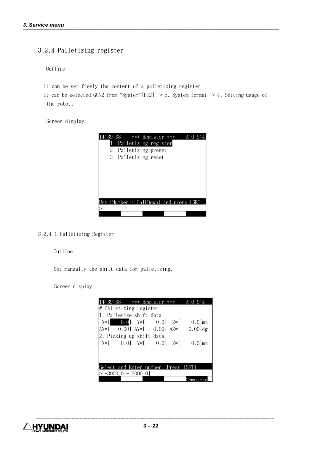 Hyundai HI4 operation manual Register A0 S4 Palletizing register 