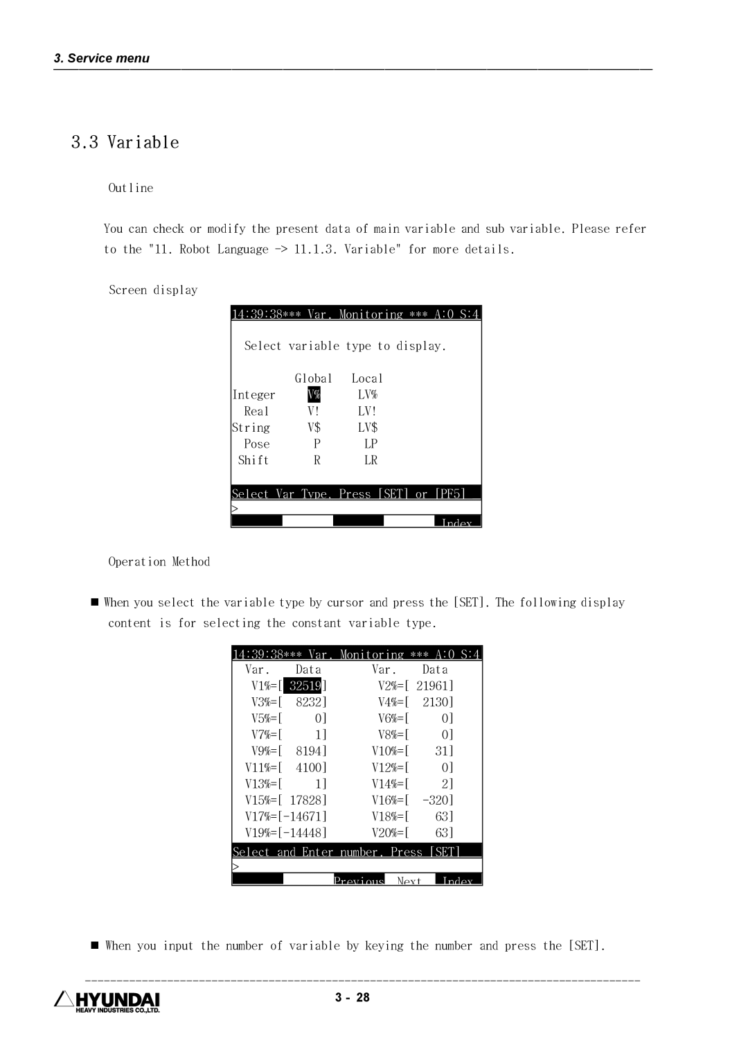 Hyundai HI4 operation manual Variable, Previous Next Index 