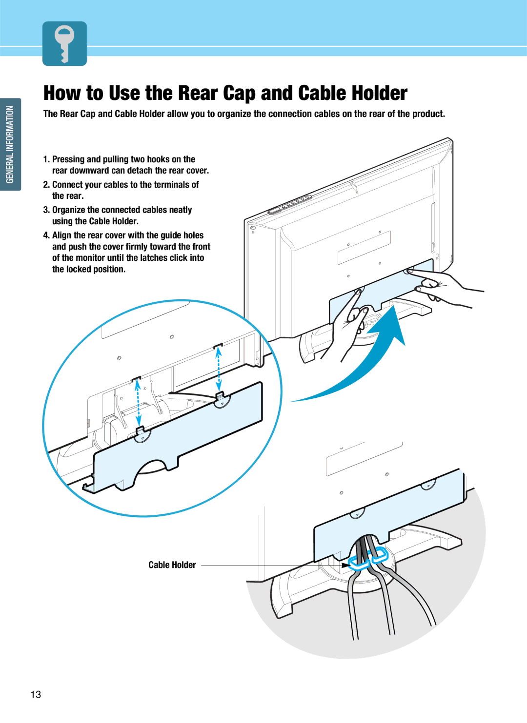 Hyundai HQL200NR, HQL170WR manual How to Use the Rear Cap and Cable Holder, Connect your cables to the terminals Rear 