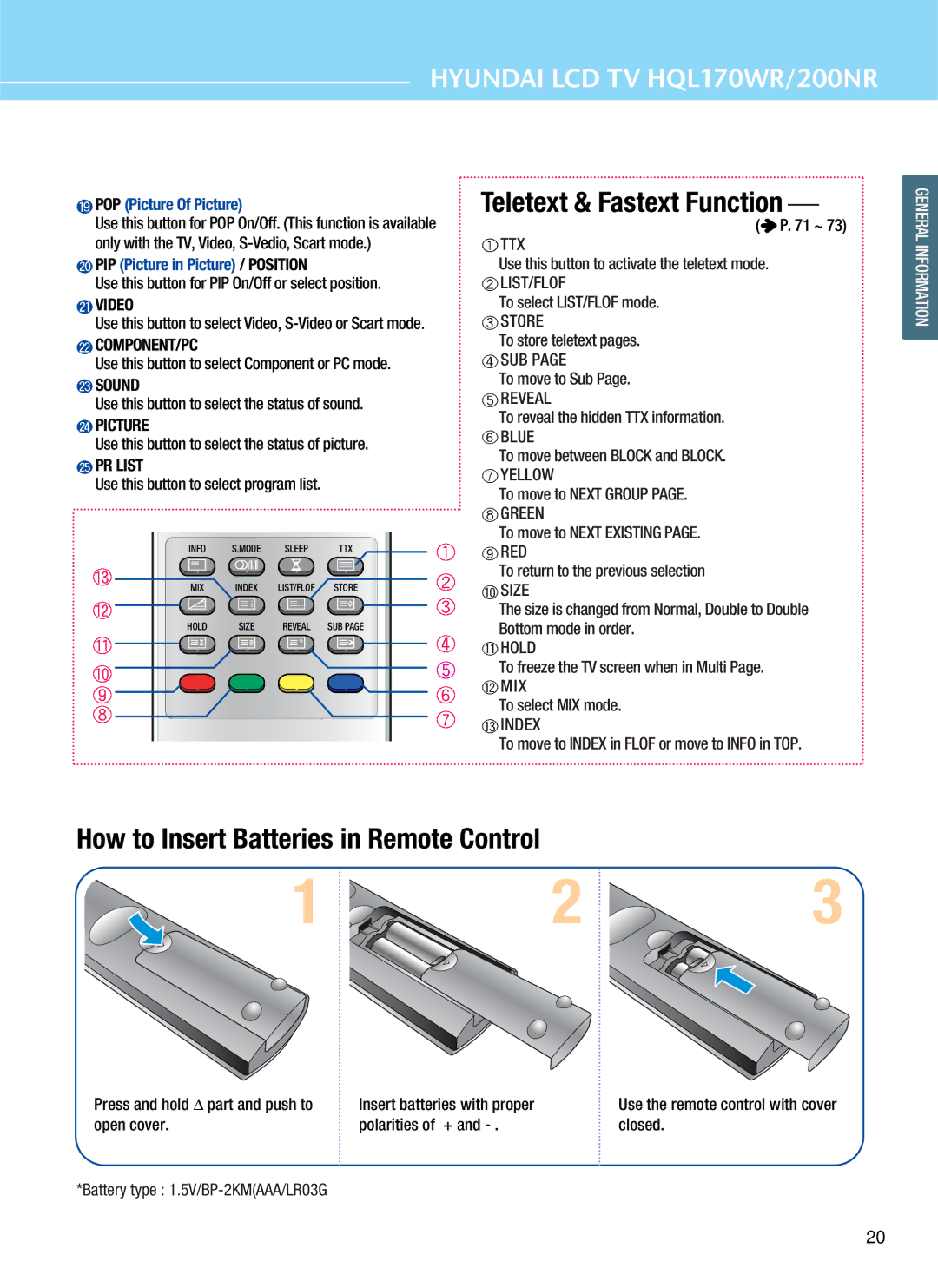 Hyundai HQL170WR, HQL200NR manual Teletext & Fastext Function , How to Insert Batteries in Remote Control 