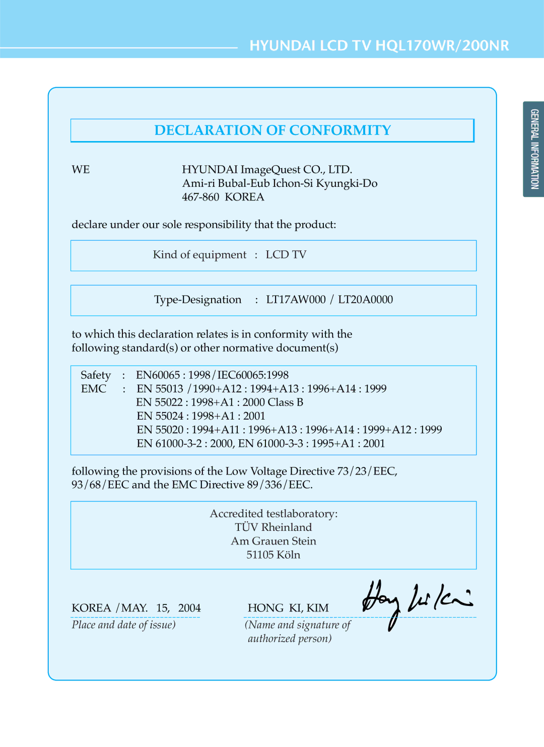 Hyundai HQL170WR, HQL200NR manual Declaration of Conformity 