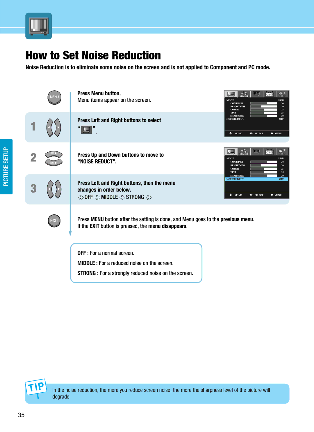 Hyundai HQL200NR, HQL170WR manual How to Set Noise Reduction, OFF Middle Strong 