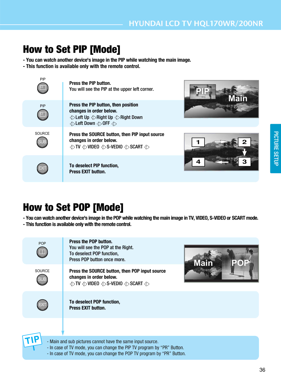 Hyundai HQL170WR, HQL200NR manual How to Set PIP Mode, How to Set POP Mode 