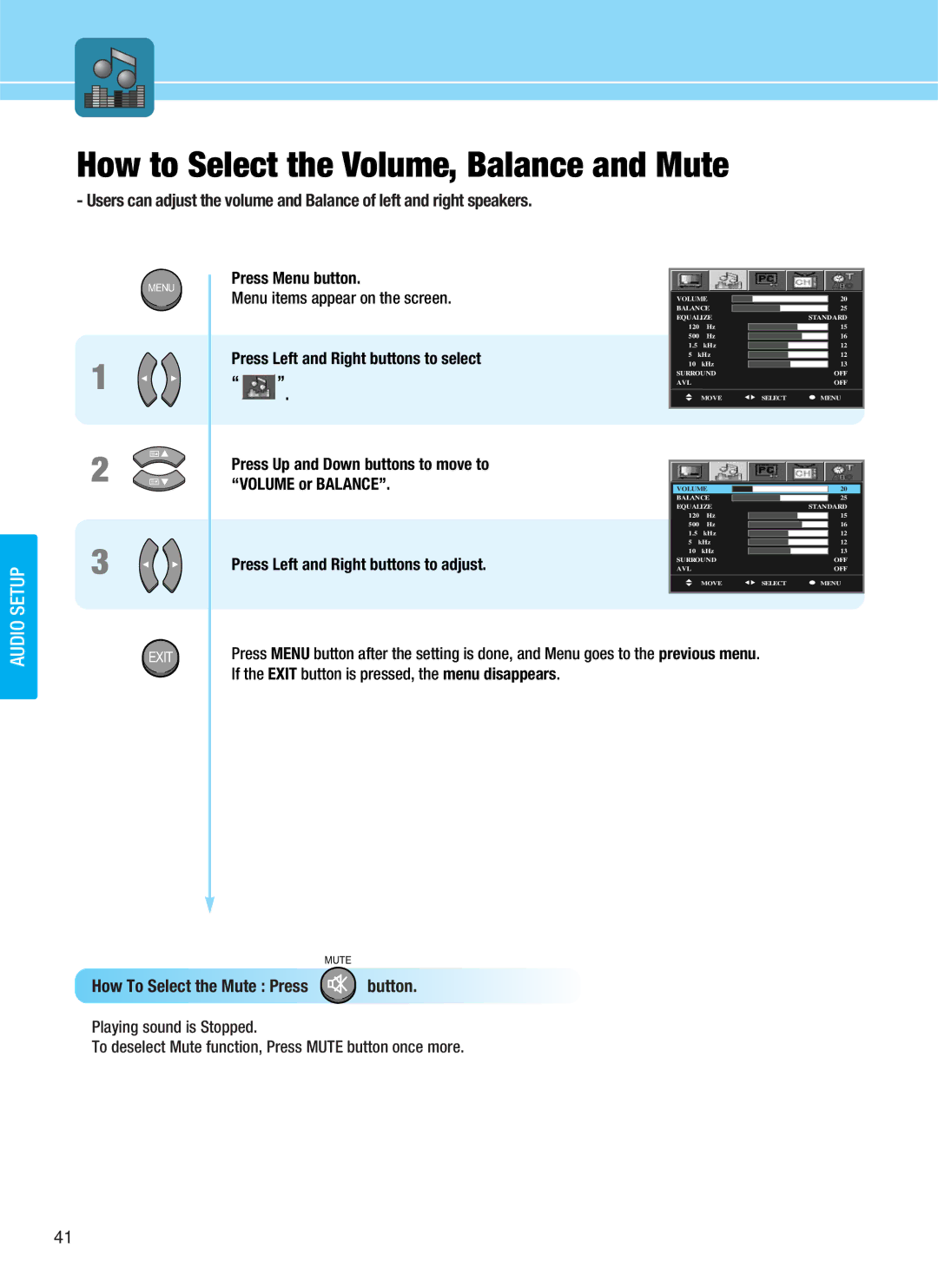 Hyundai HQL200NR, HQL170WR manual How to Select the Volume, Balance and Mute, Press Left and Right buttons to select 