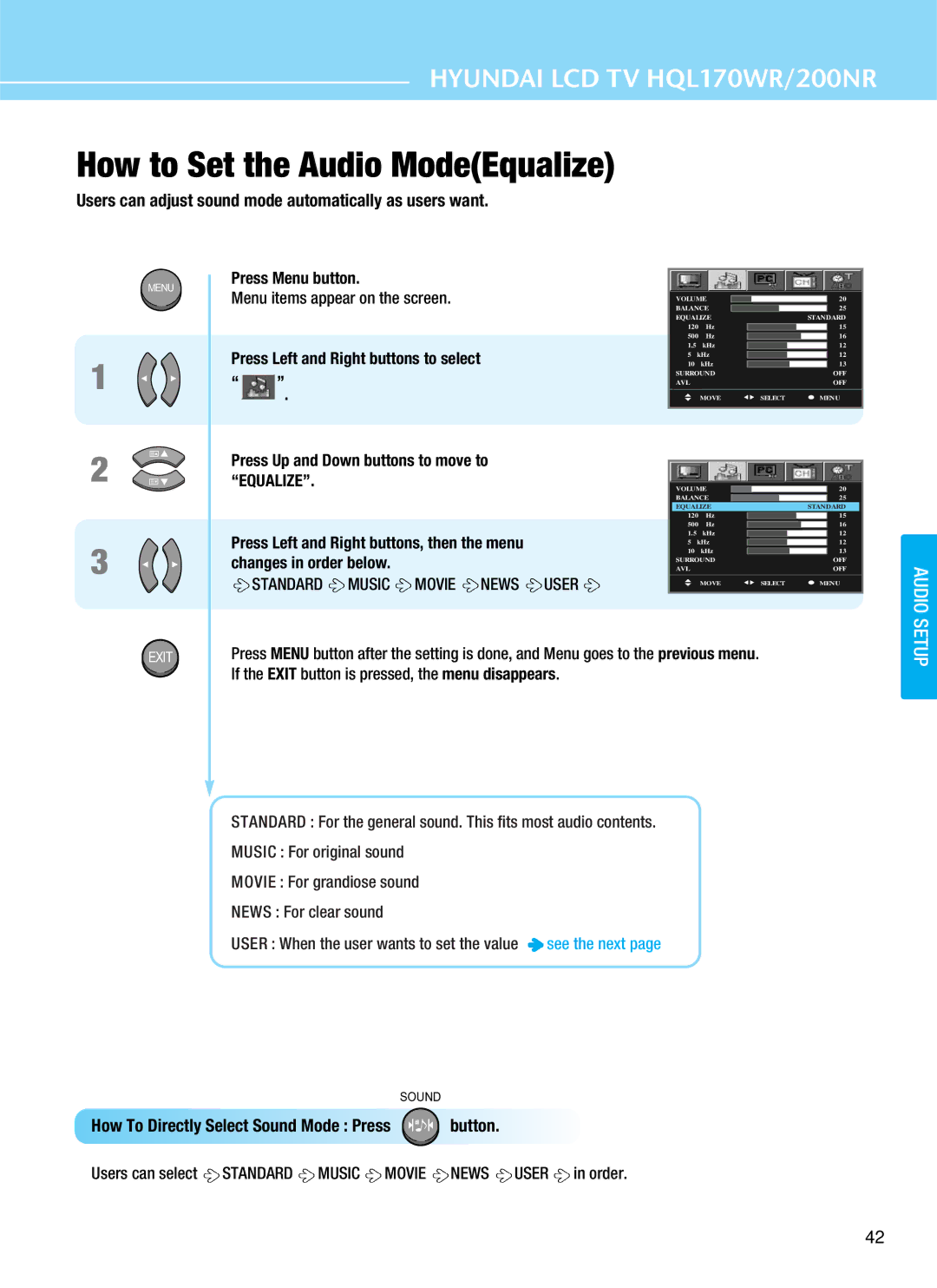 Hyundai HQL170WR, HQL200NR manual How to Set the Audio ModeEqualize, Users can adjust sound mode automatically as users want 