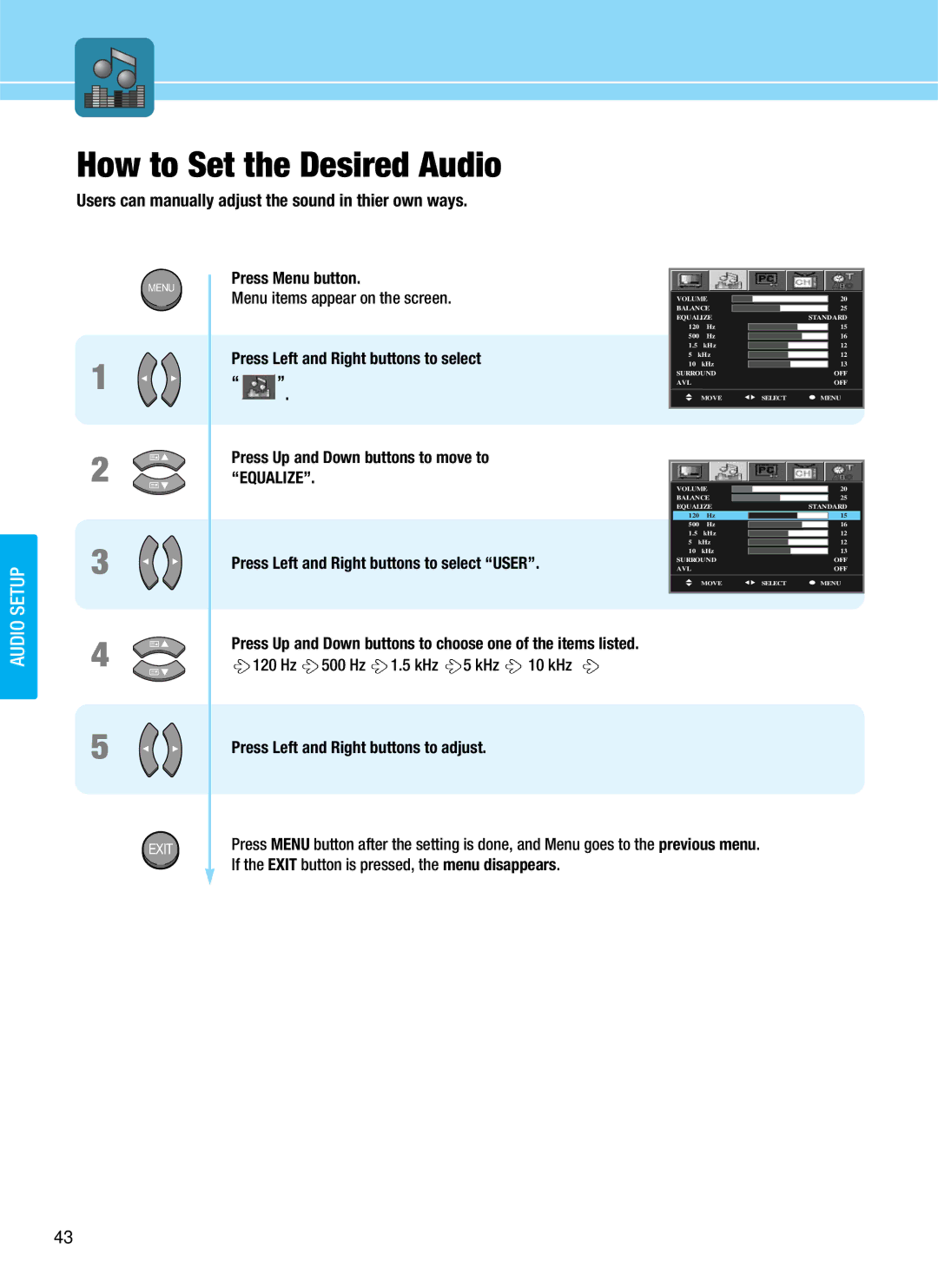 Hyundai HQL200NR, HQL170WR How to Set the Desired Audio, Users can manually adjust the sound in thier own ways 