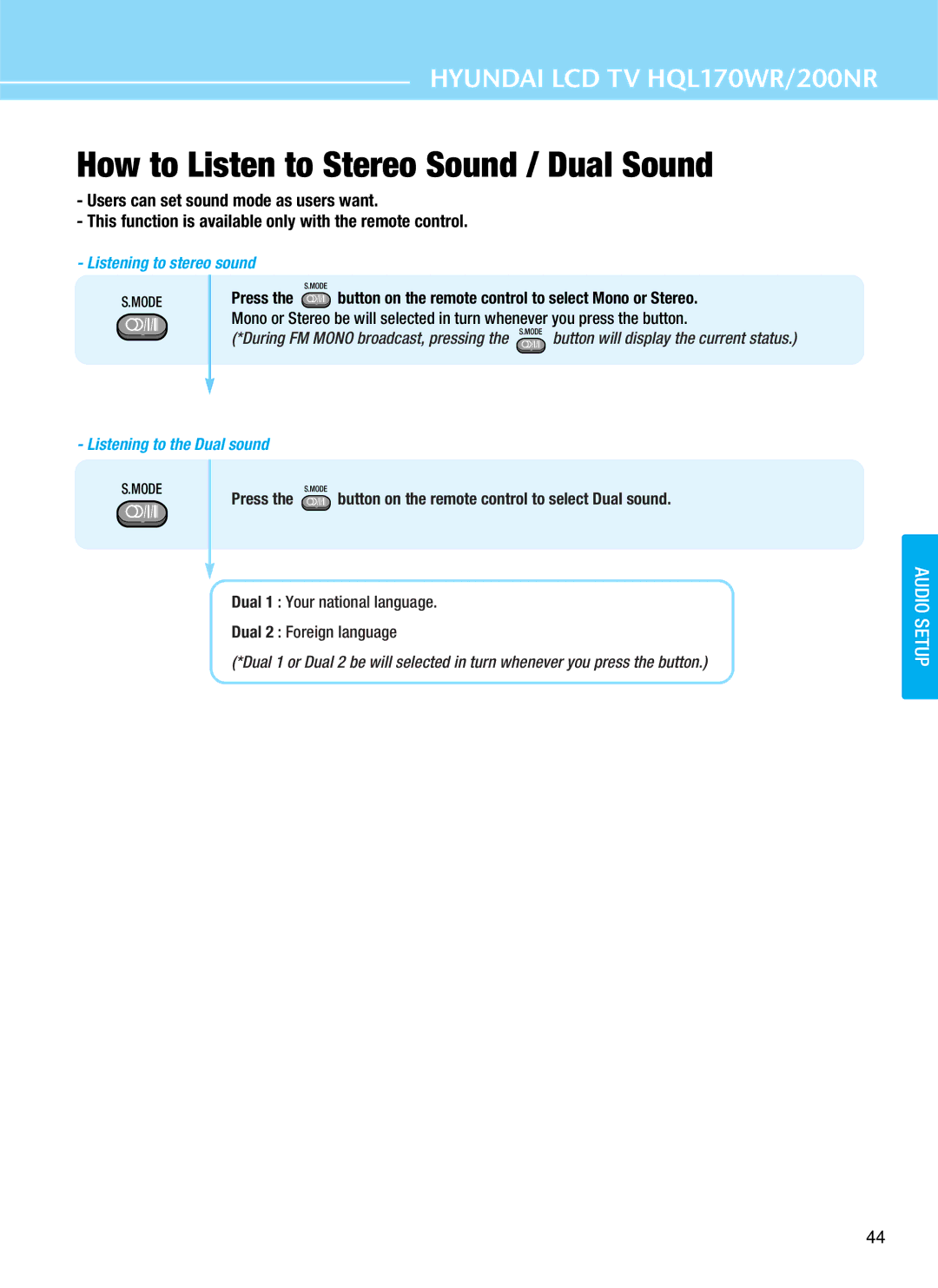 Hyundai HQL170WR, HQL200NR manual How to Listen to Stereo Sound / Dual Sound, Listening to stereo sound 